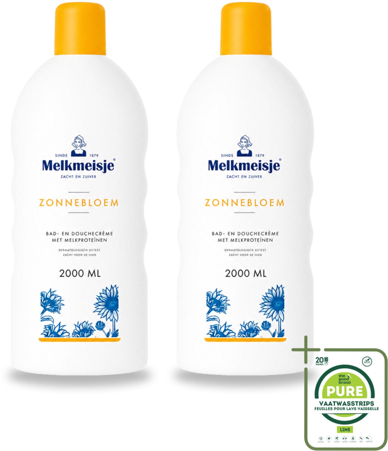 2 x Melkmeisje – Bad & Douchecrème – Zonnebloem – 2000 ml - Grootverpakking - Vaatwasstrips - Bad En Douche Crème - Zonnebloem En Melk - Huid Verzorging - Zachte Crème - Frisse Geur
