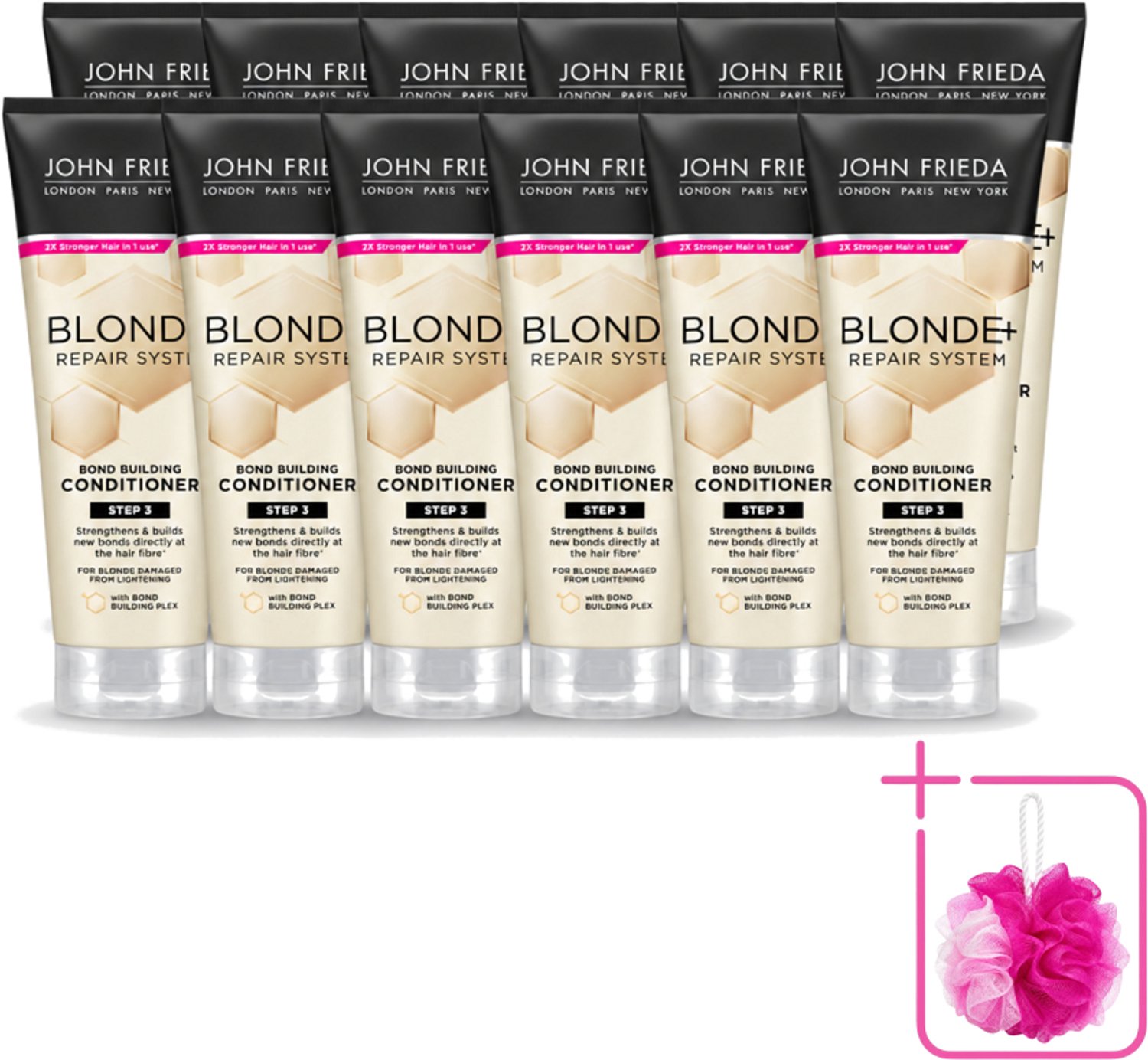 12 x John Frieda – Conditioner – Blonde+ Repair Bond Building – Herstellend – 250 ml - Bulkverpakking - Herstel blond haar - Beschadigd haar