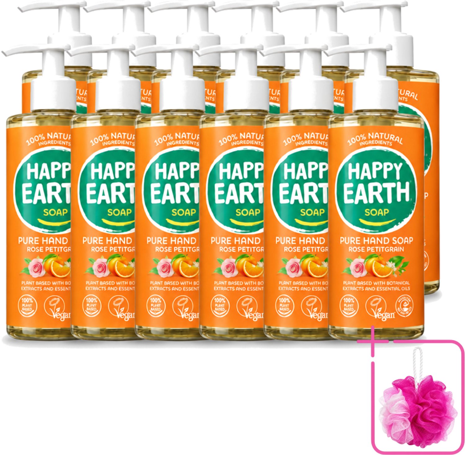 12 x Happy Earth – Handzeep – 100% Natuurlijk Rose Petitgrain – 300 ml - Bulkverpakking - Natuurlijke handzeep - Douchemop - Vegan handzeep