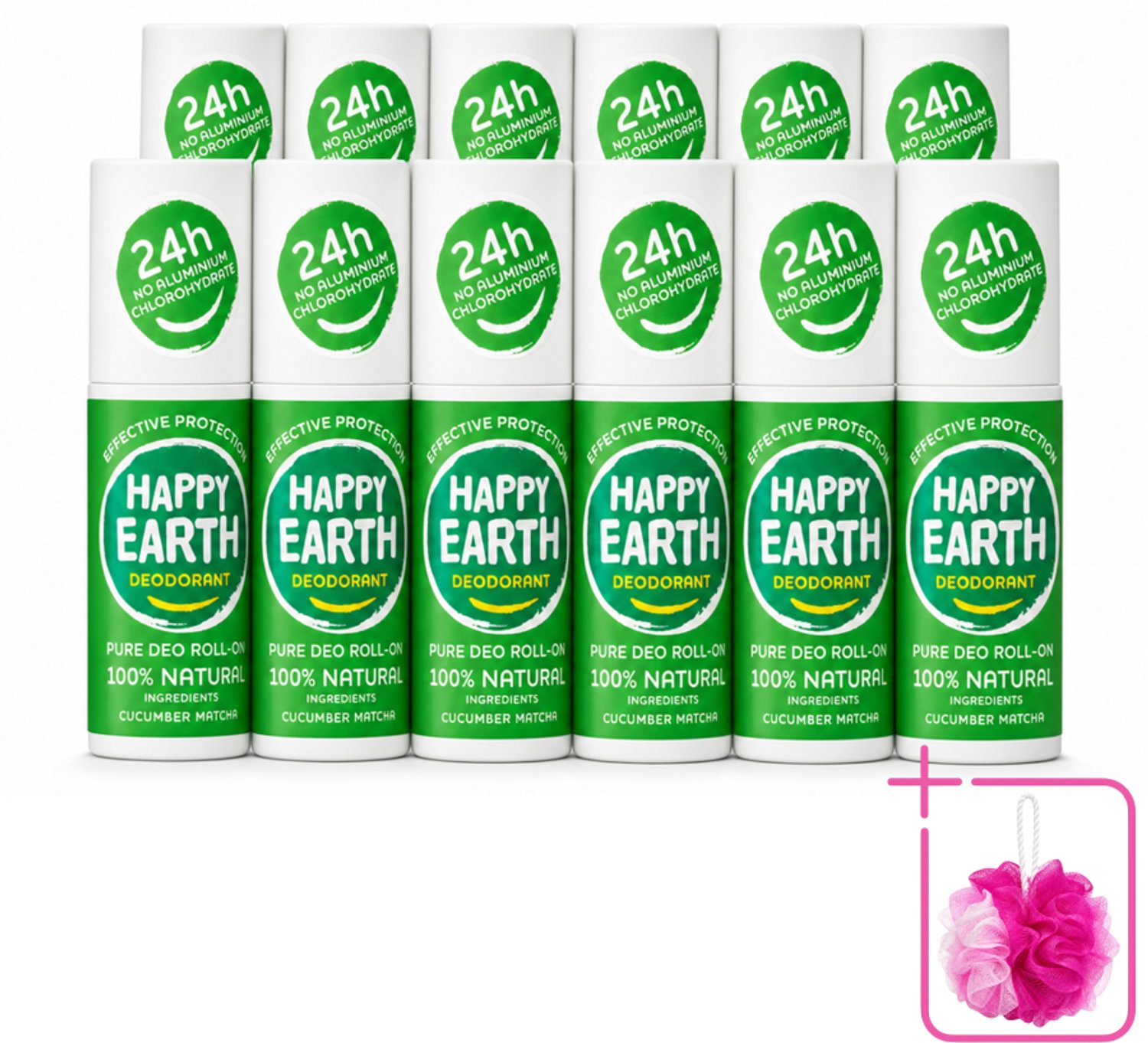 12 x Happy Earth – Deodorant Roll-On – 100% Natuurlijk Cucumber Matcha – 75 ml - Bulkverpakking - Deodorant - Douchemop - Fris