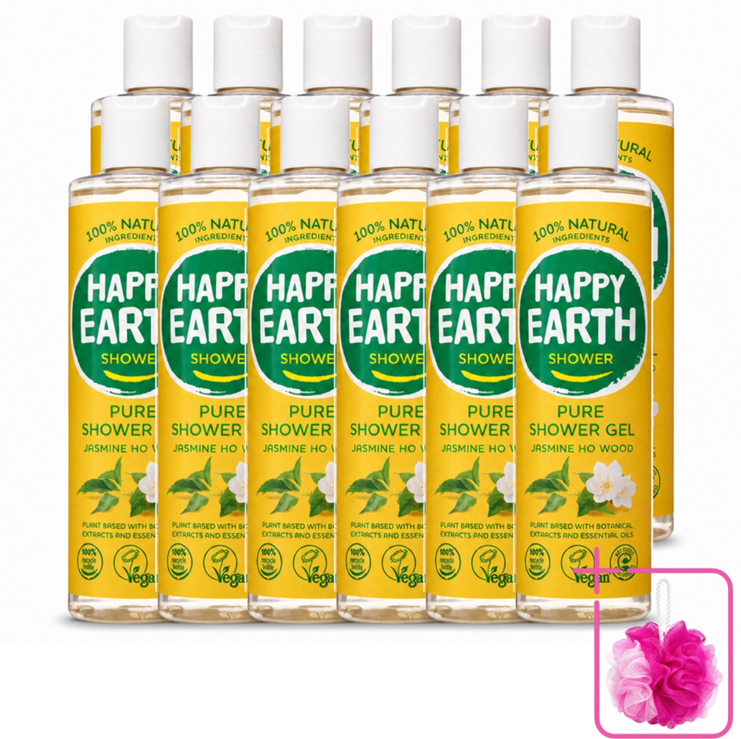 12 x Happy Earth – Douchegel – 100% Natuurlijk Jasmine Ho Wood – 300 ml - Bulkverpakking - Natuurlijke douchegel - Douchemop - Jasmijn en ho wood