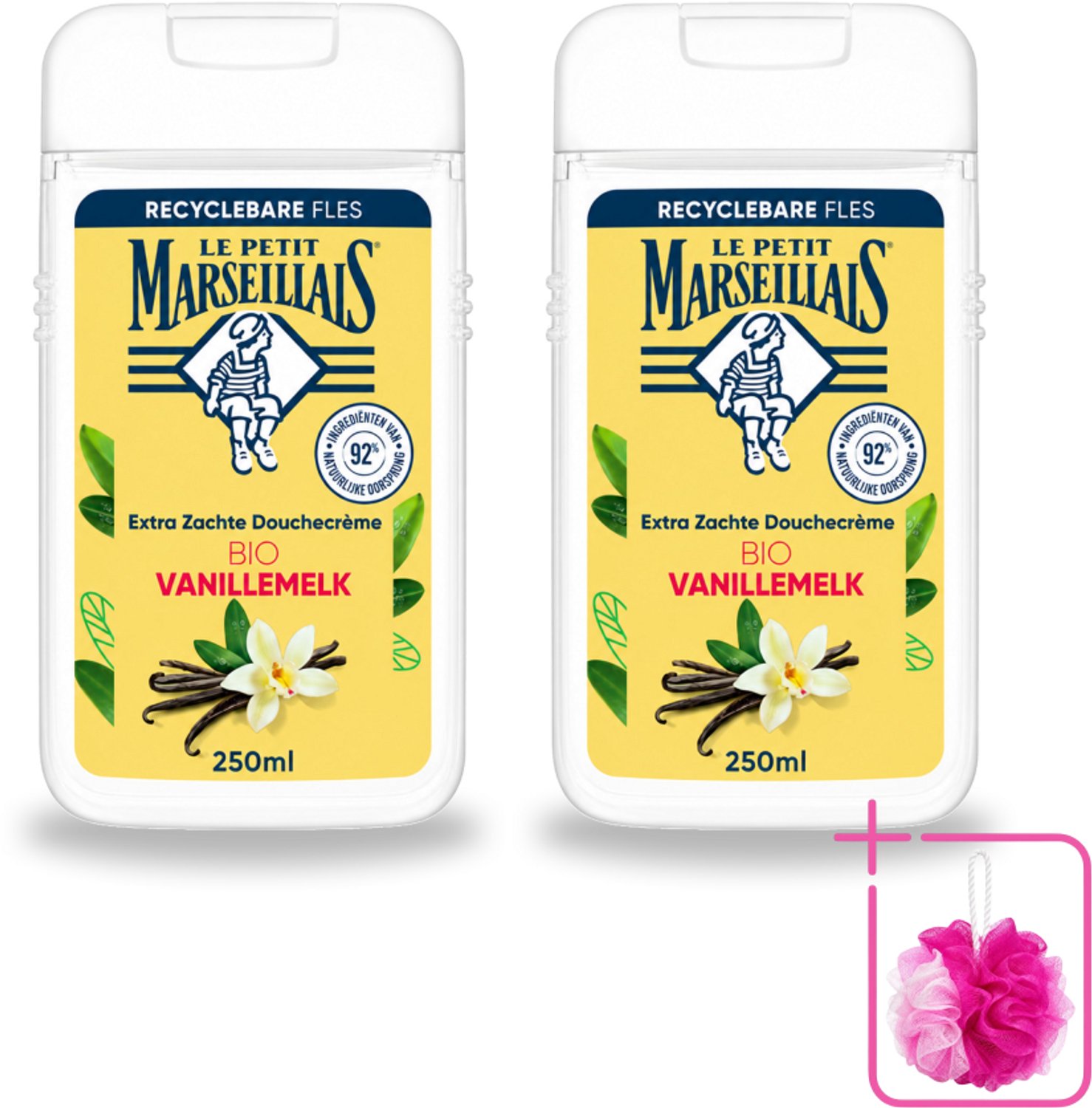 2 x Le Petit Marseillais – Douchecrème – Lait de Vanille Bio – Extra zacht – 250 ml - Bulkverpakking - Douchecrème - Douchemop - Vanille