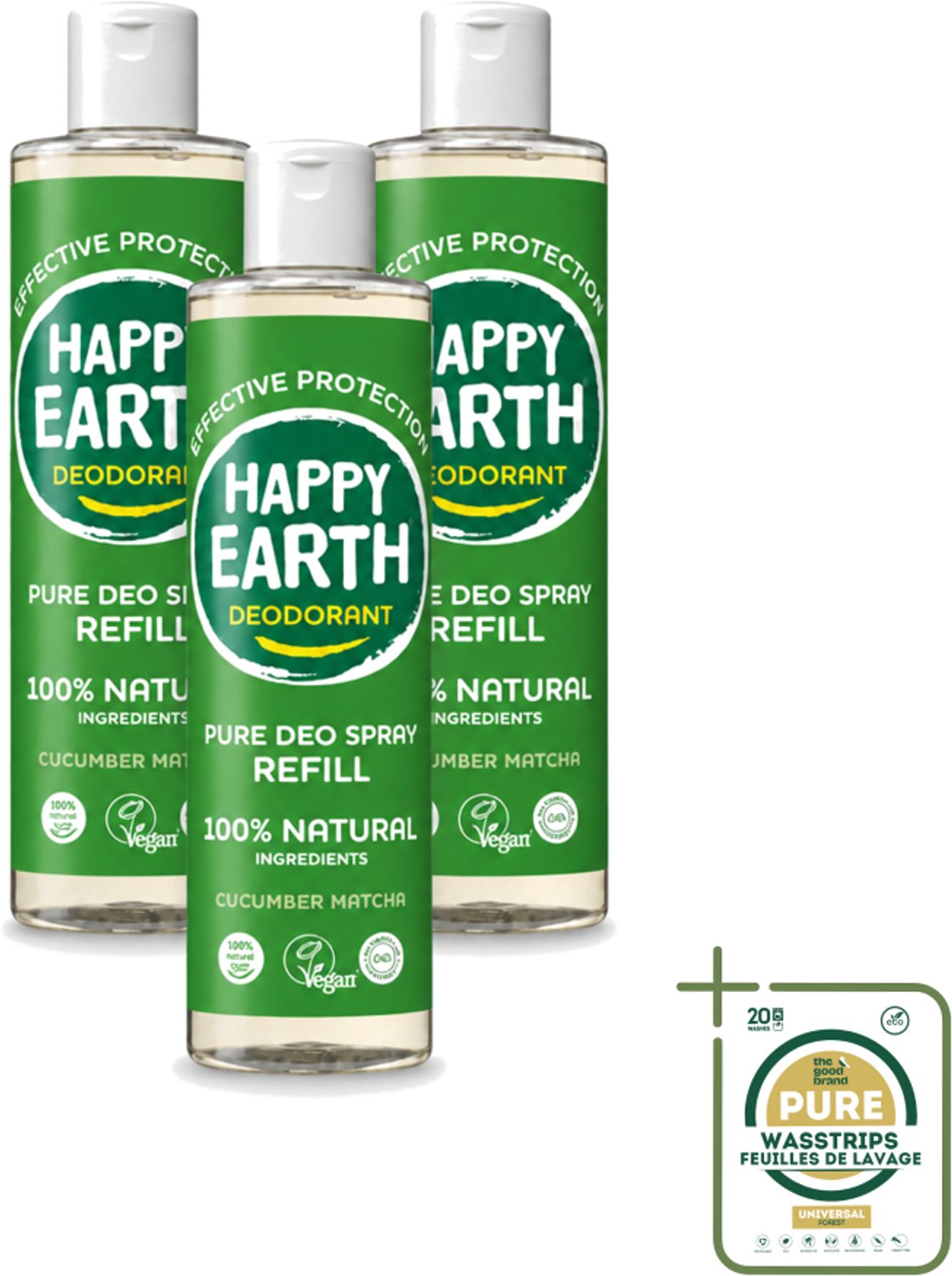 3 x Happy Earth – Deodorant Spray Navulling – 100% Natuurlijk Cucumber Matcha – 300 ml - Deodorant Spray - Natuurlijke Deodorant - Frisse Geur - Komkommer Matcha - Anti-geur