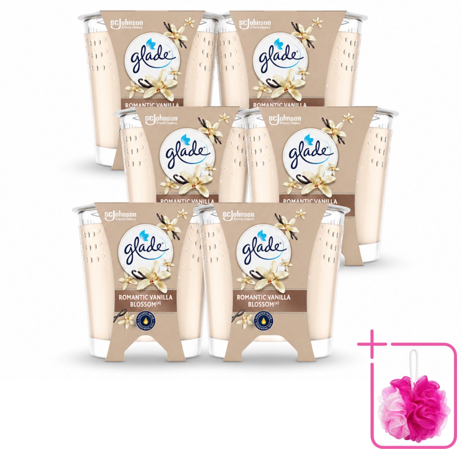 6 x Glade - Geurkaars Romantic Vanillebloesem - 100% Raapzaadwas & Vegan - 112 g - Bulkverpakking - Romantische kaars - Douchemop - Geurkaars