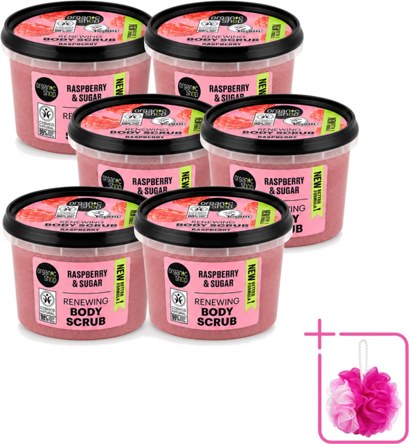6 x Organic Shop - Organic Raspberry & Sugar Body Scrub - Verfrissend en Peeling - 250 ml - Bulkverpakking - Biologische bodyscrub - Douchemop - Framboos scrub