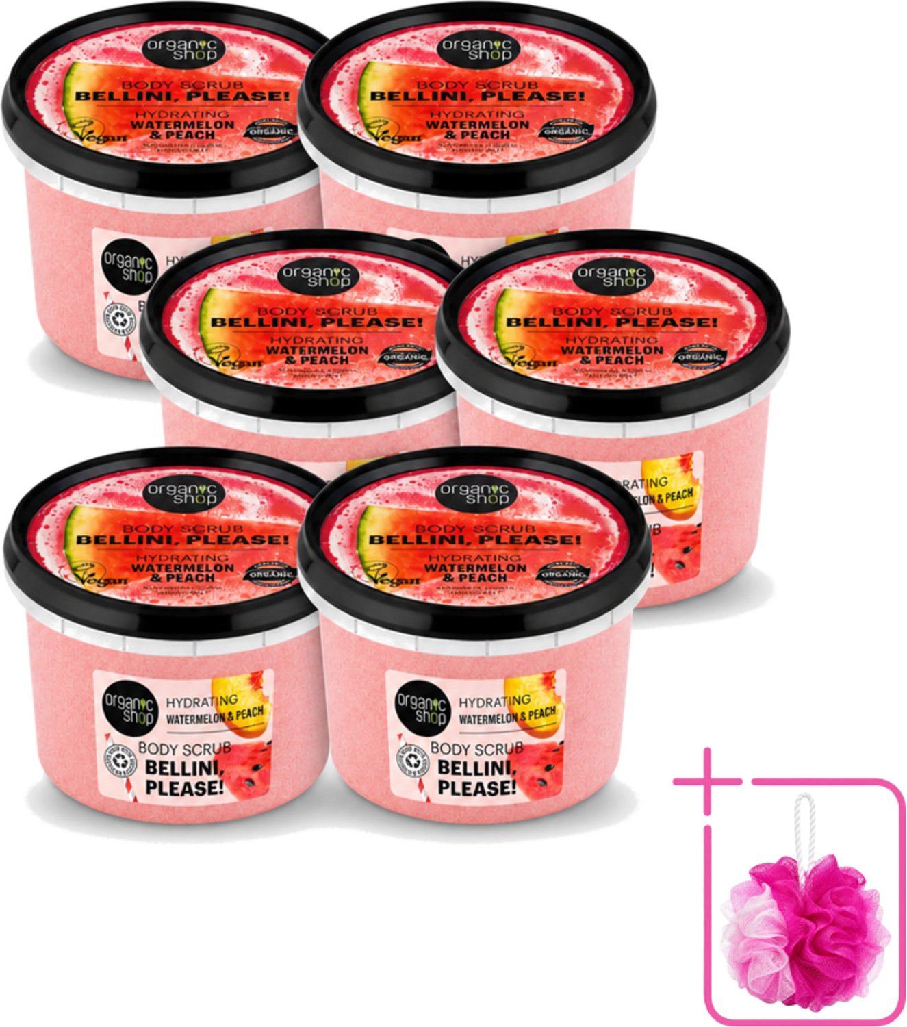 6 x Organic Shop - Body Scrub Watermelon & Peach - Hydratatie en Frisheid - 250 ml - Bulkverpakking - Bodyscrub - Douchemop - Hydraterende scrub