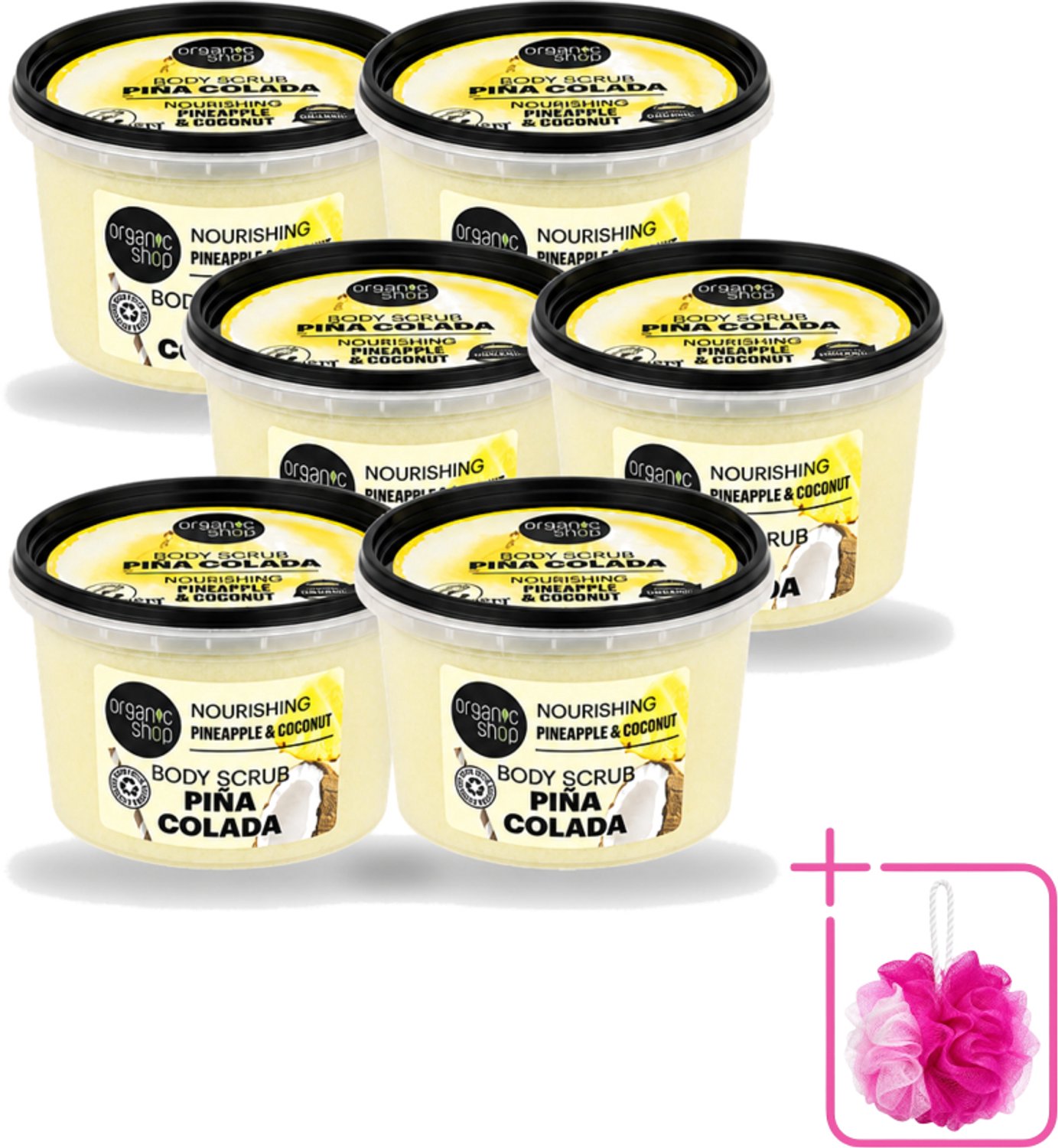 6 x Organic Shop - Body Scrub Pineapple & Coconut - Verfrissend en Voedend - 250 ml - Bulkverpakking - Bodyscrub - Douchemop - Exfoliatie