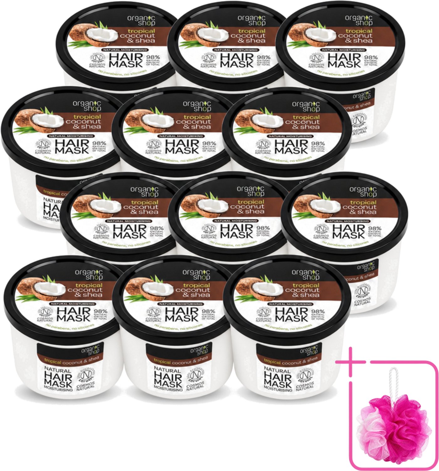 12 x Organic Shop - Haarmasker Coconut & Shea - Verzorgend en Voedend - 250 ml - Bulkverpakking - Haarmasker - Douchemop - Kokosnoot