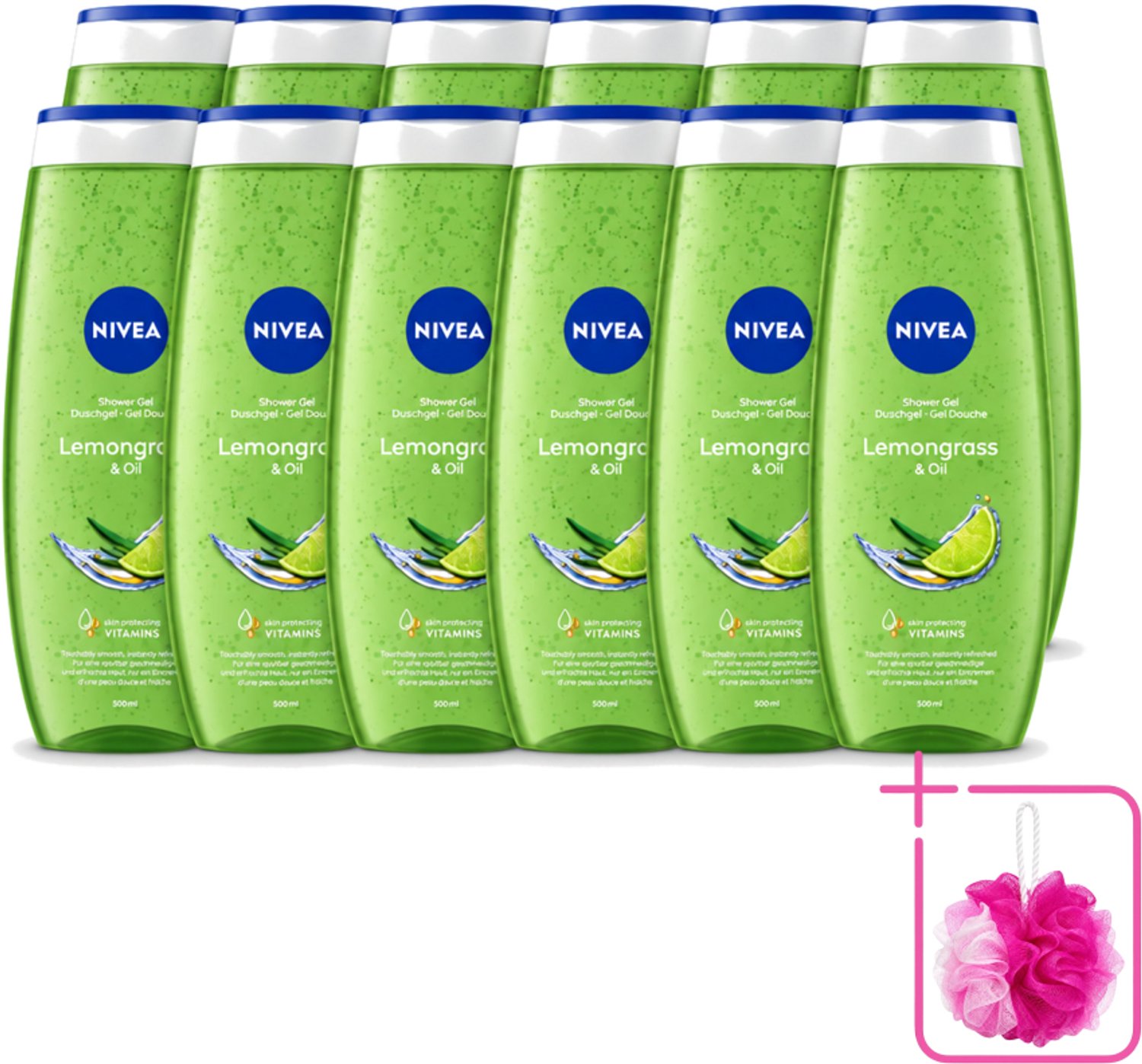 12 x NIVEA - Douchegel - Citroengras & Olieverzorging - Glad & Verfrissend Huidgevoel - 500 ml - Bulkverpakking - Douchegel - Douchemop - Natuurlijke oliën