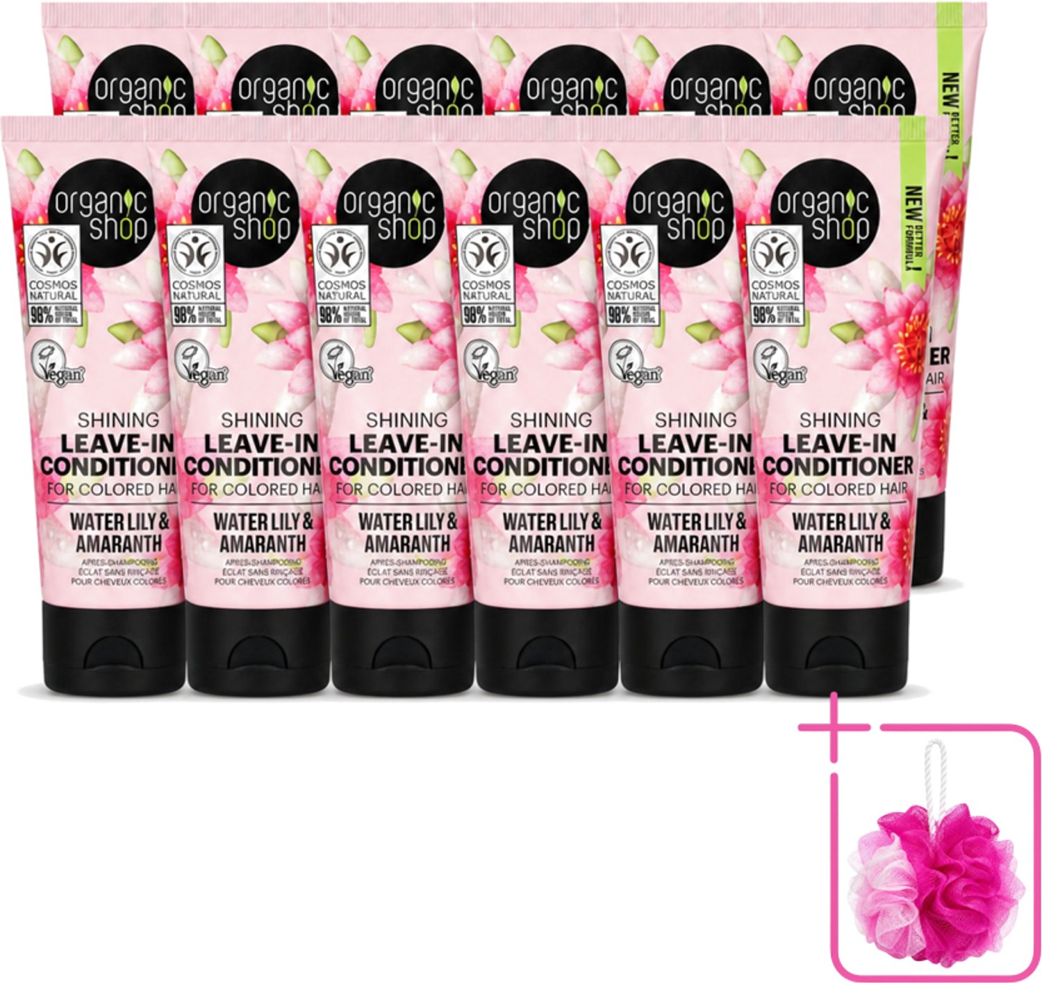 12 x Organic Shop - Shining Leave-In Conditioner Water Lily & Amaranth - 75 ml - Bulkverpakking - Haarkleur bescherming - Douchemop - Natuurlijke haarkleur