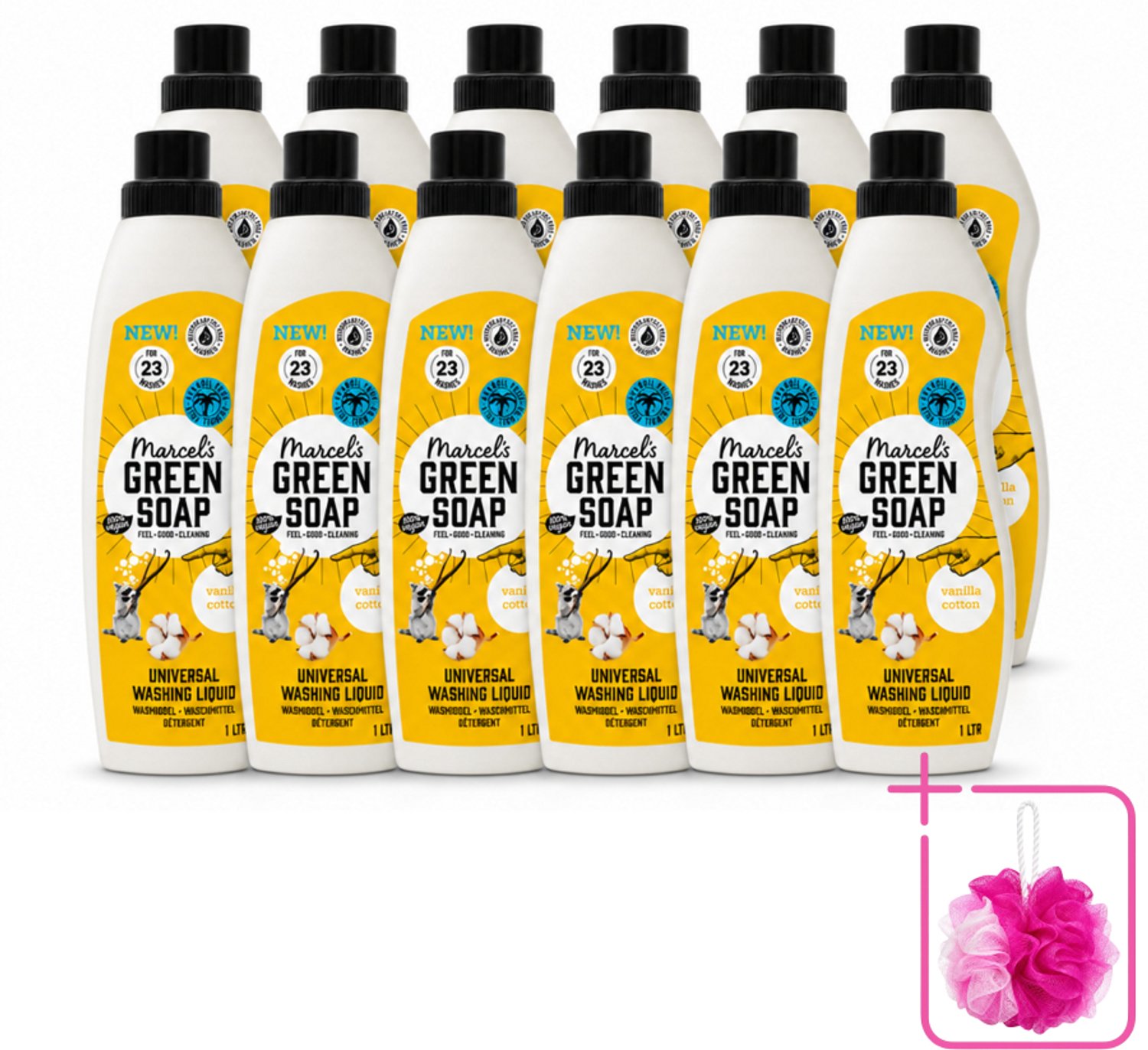 12 x Marcel's Green Soap - Vloeibaar Wasmiddel - Katoen & Vanille - Effectief & natuurlijk - 23 Wasbeurten - 1 Liter - Bulkverpakking - Wasmiddel - Douchemop - Natuurlijke zeep