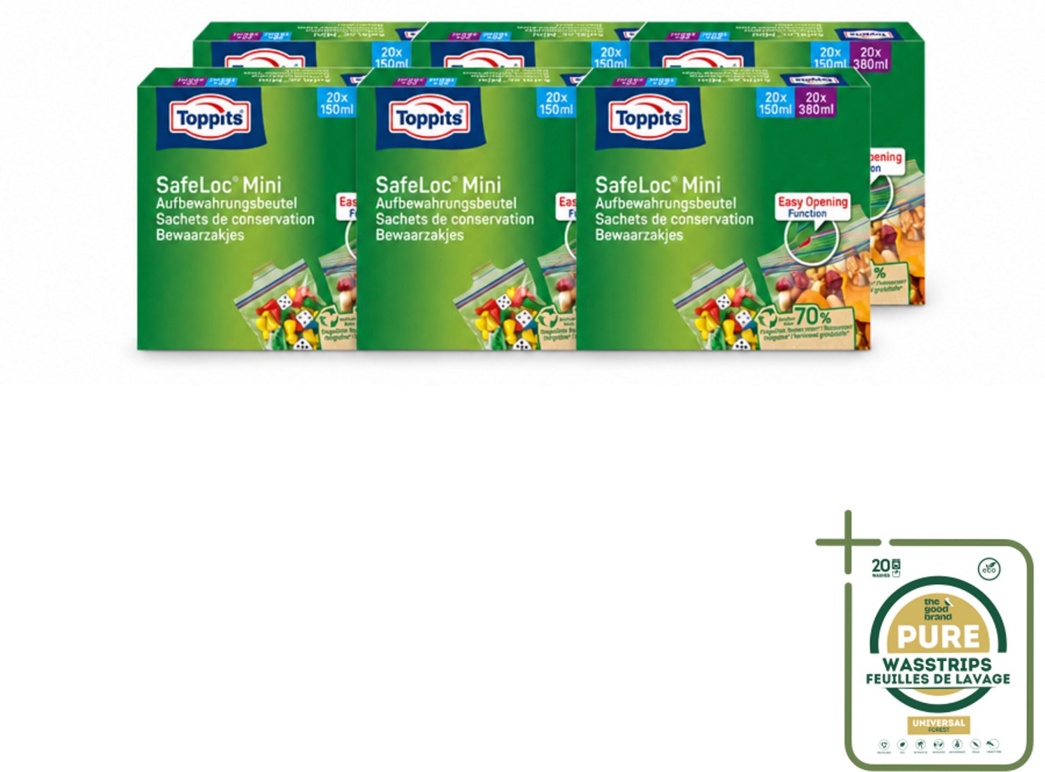 6 x Toppits – Safeloc Mini Zip-Zakjes – 40 Zakjes - Wasstrips - Mini Zakjes - Lekvrij - Herbruikbaar - Herbruikbare Zakjes - Droge Opslag
