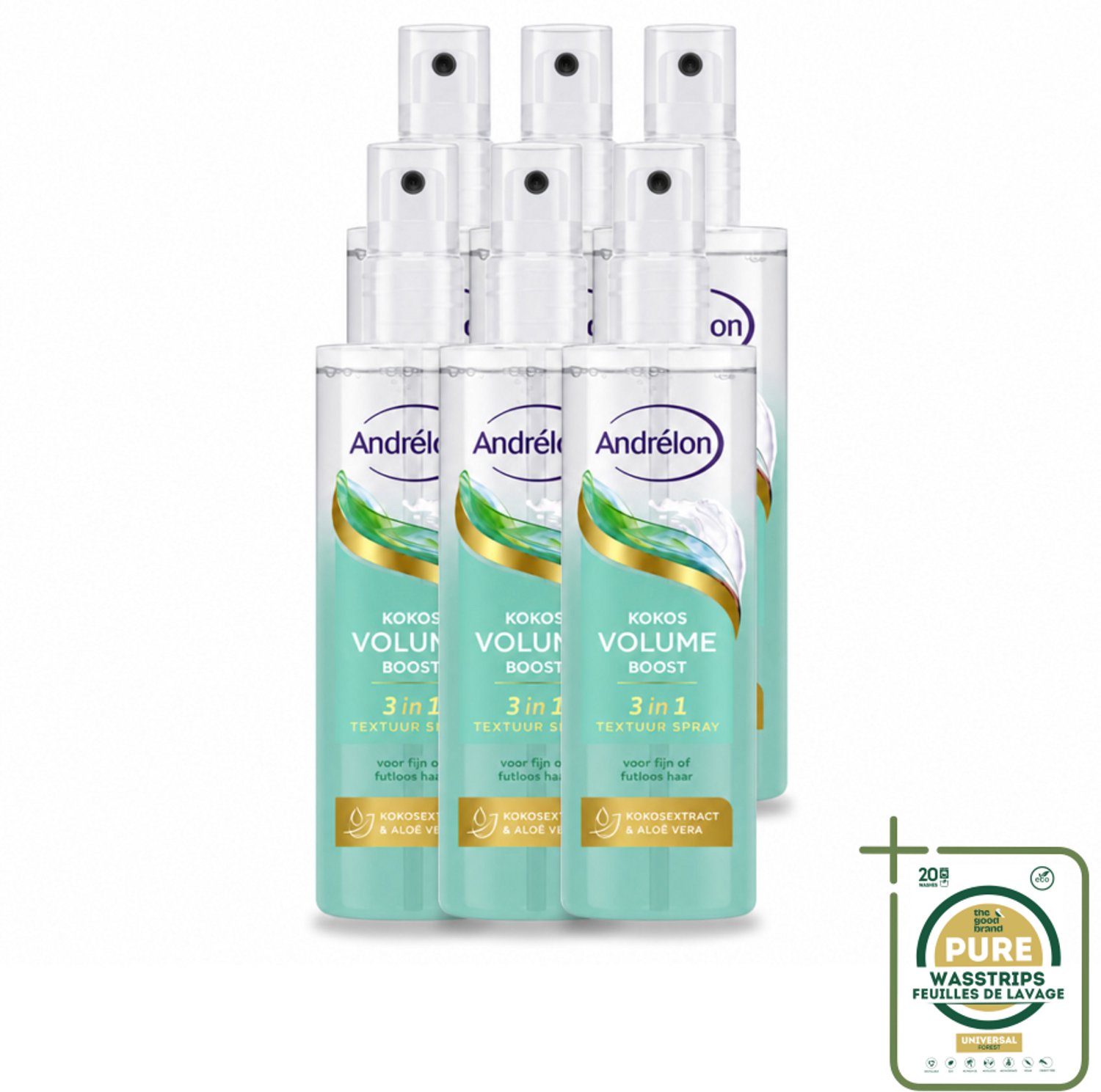 6 x Andrélon – Textuur Spray 3-in-1 – Kokos Volume Boost – 150 ml - Wasstrips - Haarspray - Volume - Textuur - Haarstructuur - Glans