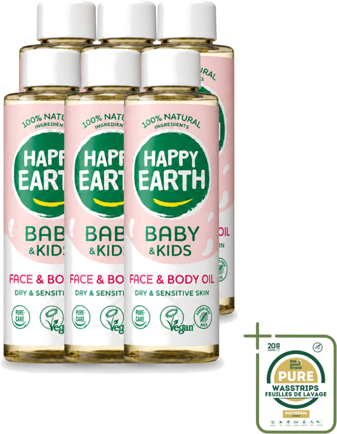 6 x Happy Earth – Face & Body Oil – 100% Natuurlijk Baby & Kids – 150 ml - Wasstrips - Babyolie - Gezichtsolie - Lichaamsoil - Natuurlijke Huidverzorging - Gevoelige Huid