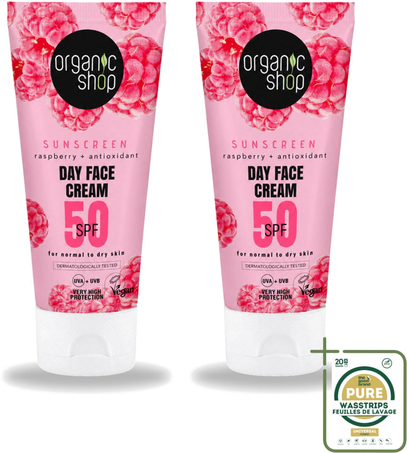 2 x Organic Shop - Zonnebrandcrème Gezicht SPF 50 - Normale Huid - 50 ml - Wasstrips - Zonnescherm - Gezichtscreme - SPF 50 - Zonbescherming - Huidveroudering