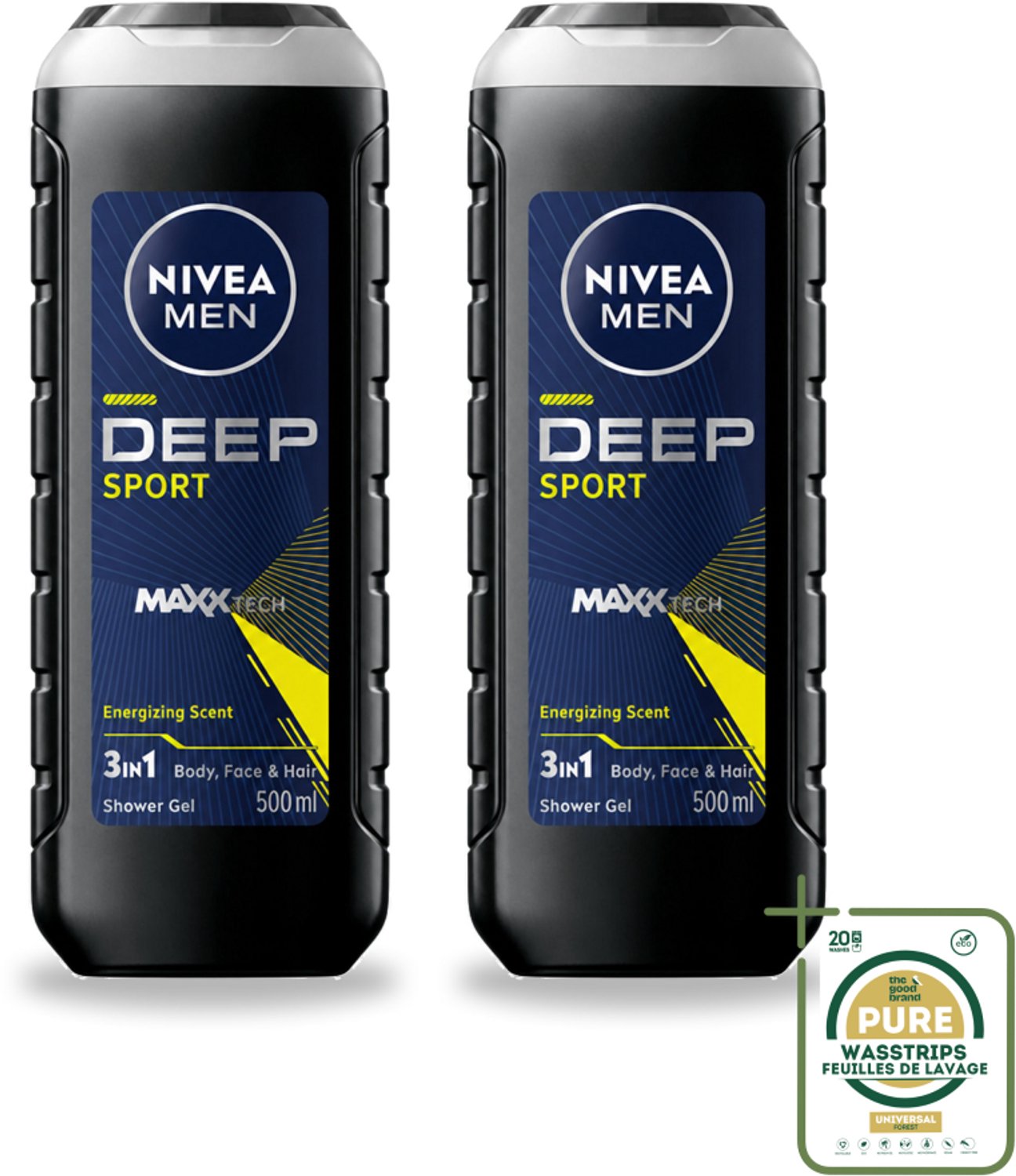 2 x NIVEA MEN - Douchegel - Deep Sport - 500 ml - Wasstrips - Douchegel Voor Mannen - Sportdouchegel - Frisse Douchegel - Mannelijke Douchegel - Diepe Reiniging