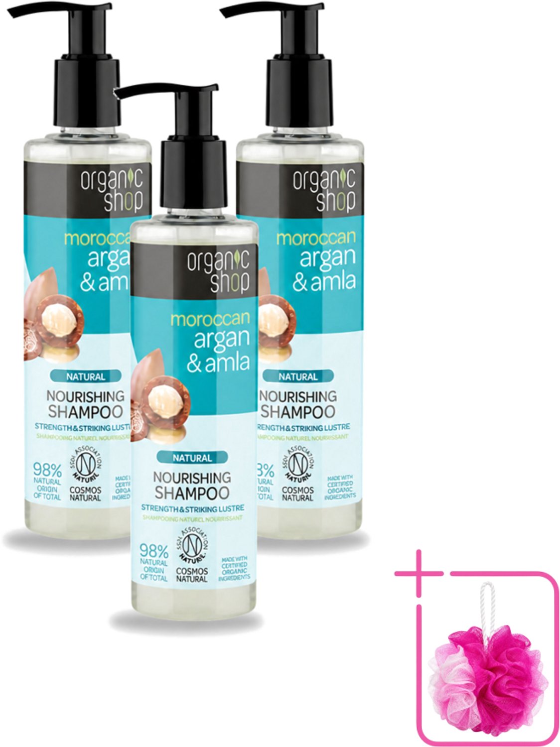 3 x Organic Shop - Natural Nourishing Shampoo - Argan Hair & Amla - Herstellend en Voedend - 280 ml - Bulkverpakking - Argan haar shampoo - Douchemop - Amla haar shampoo
