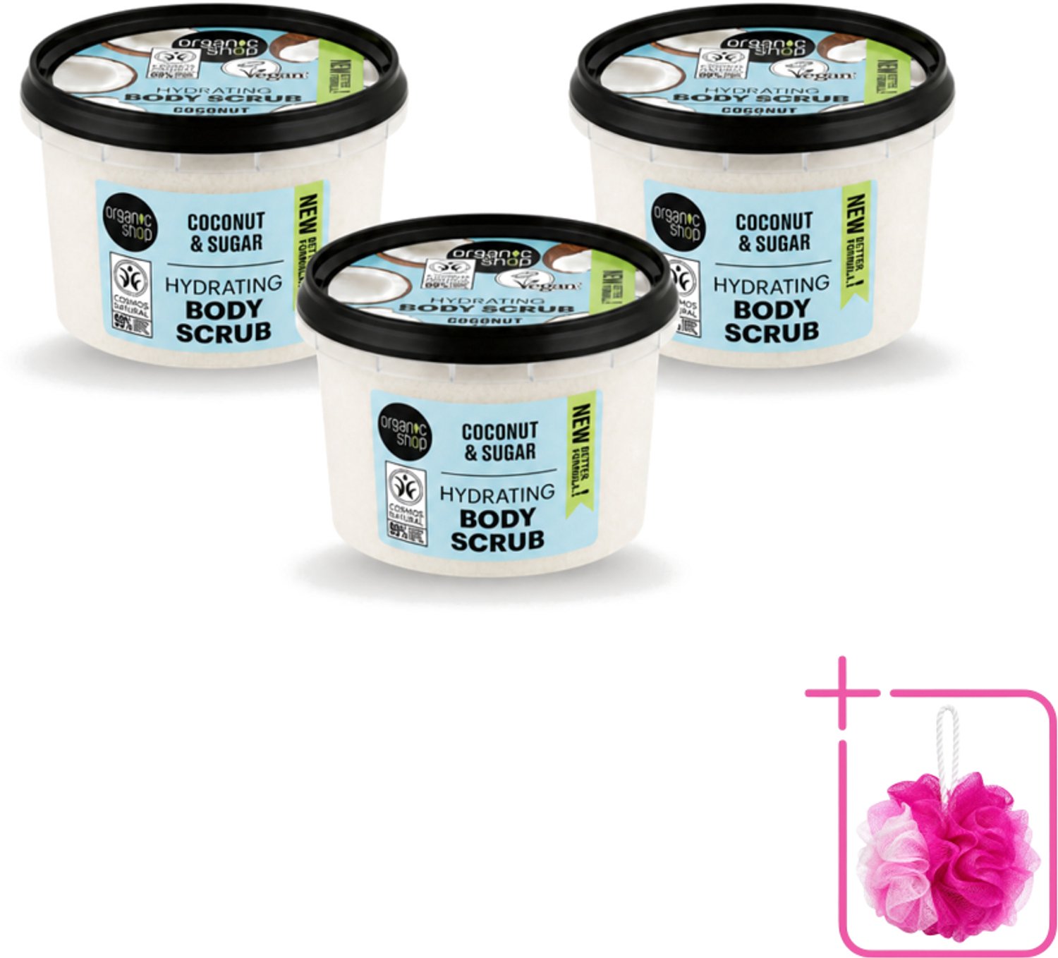 3 x Organic Shop - Hydrating Body Scrub Coconut - Diep Voedend - 250 ml - Bulkverpakking - Hydratatie - Douchemop - Exfoliatie
