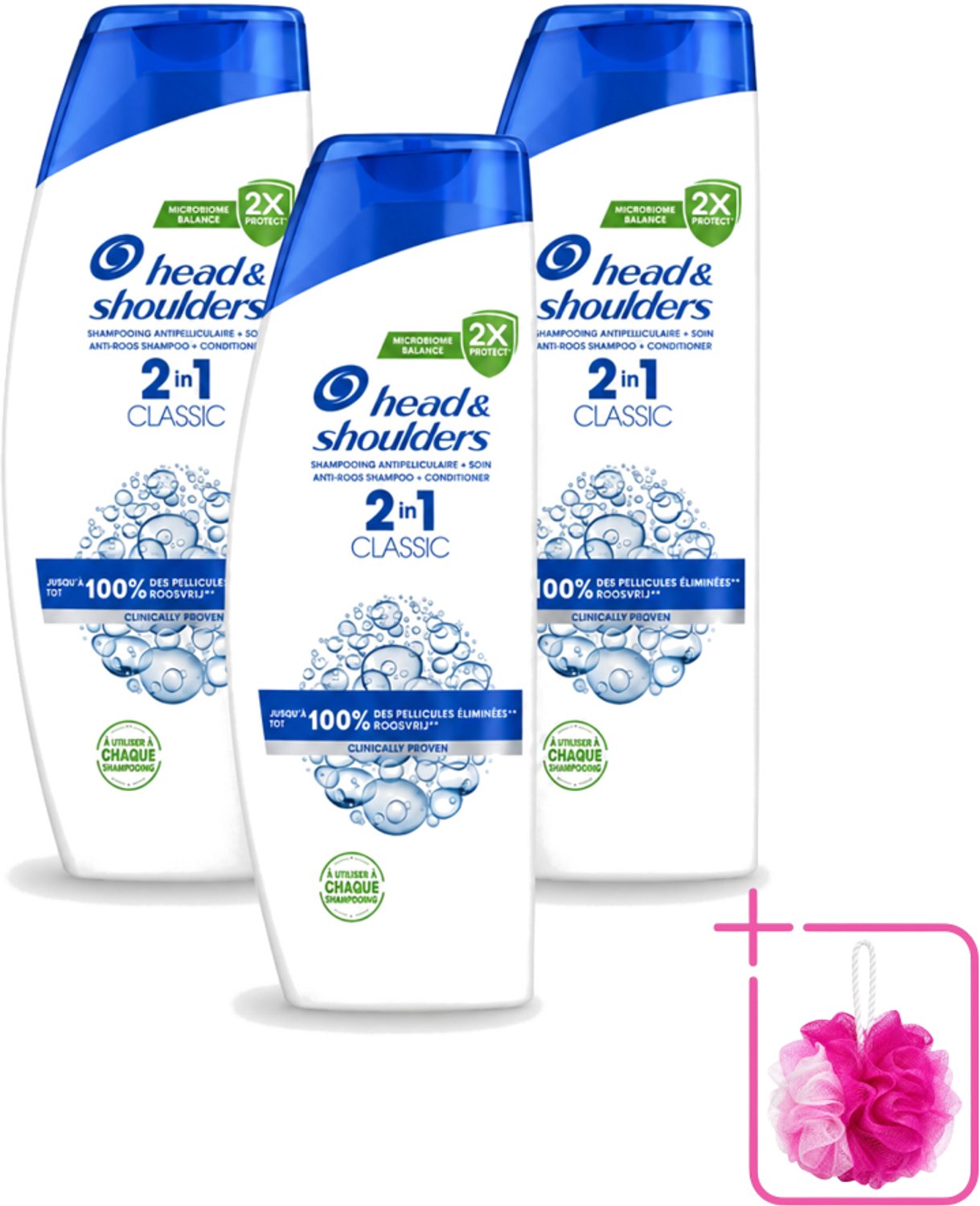 3 x Head & Shoulders - Shampoo - 2-in-1 - Classic - 100% Roosvrij - 400 ml - Bulkverpakking - Roosvrij haar - Douchemop - Roosverlichting