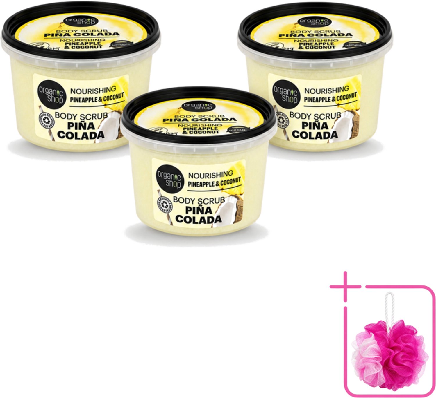 3 x Organic Shop - Body Scrub Pineapple & Coconut - Verfrissend en Voedend - 250 ml - Bulkverpakking - Bodyscrub - Douchemop - Exfoliatie