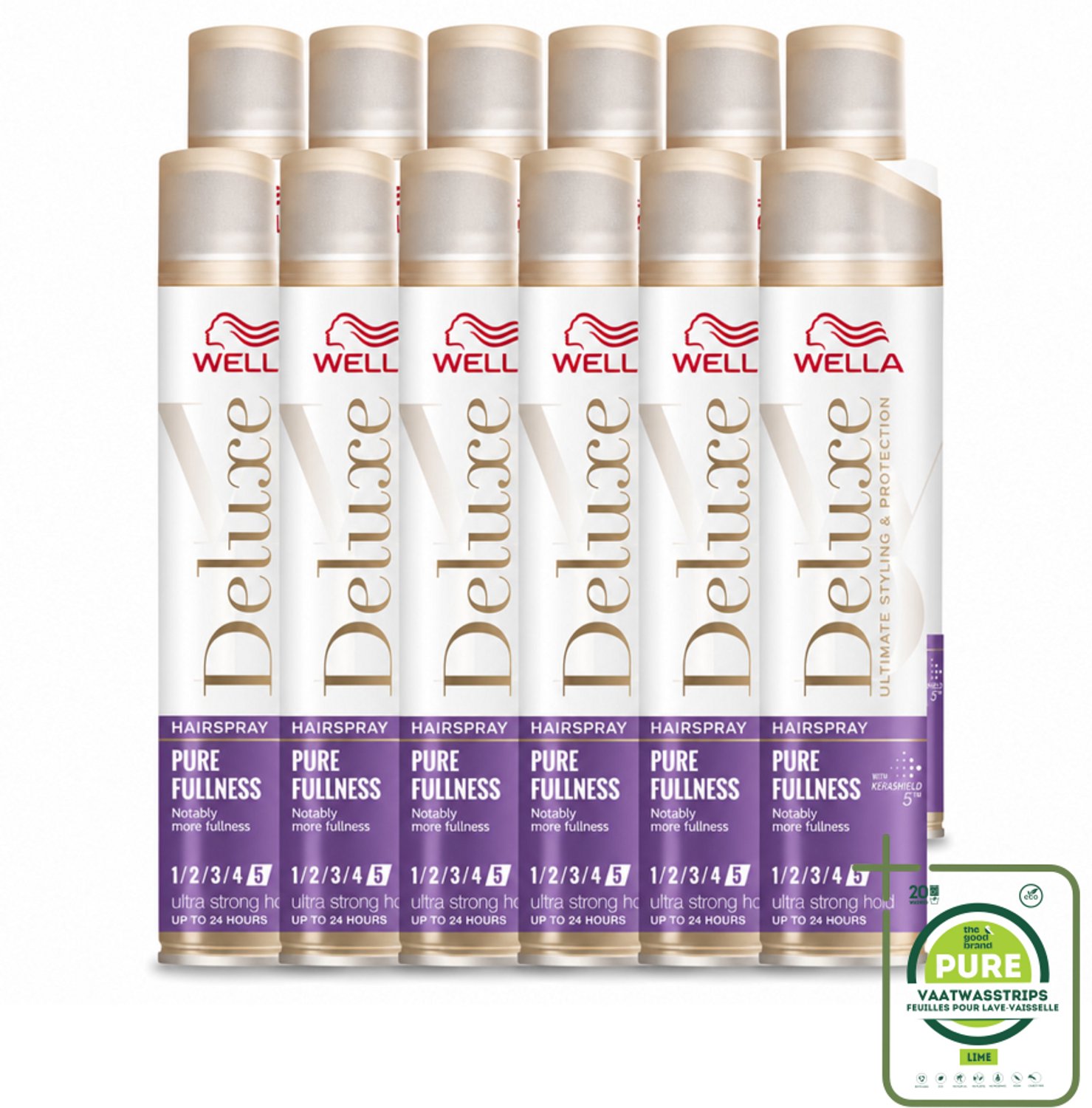 12 x Wella – Deluxe Pure Fullness – Haarspray – 250 ml - Grootverpakking - Vaatwasstrips - Haarspray - Volume - Glans - Hittebescherming - UV Bescherming
