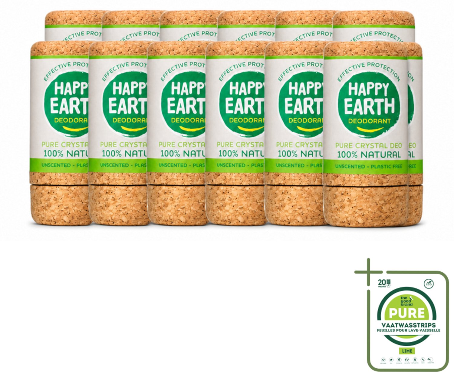 12 x Happy Earth – Deodorant Crystal – 100% Natuurlijk Unscented – 90 g - Grootverpakking - Geurloze Deodorant - Hypoallergene Deodorant - Natuurlijke Deodorant - Kristal Deodorant - Mineralen Deodorant