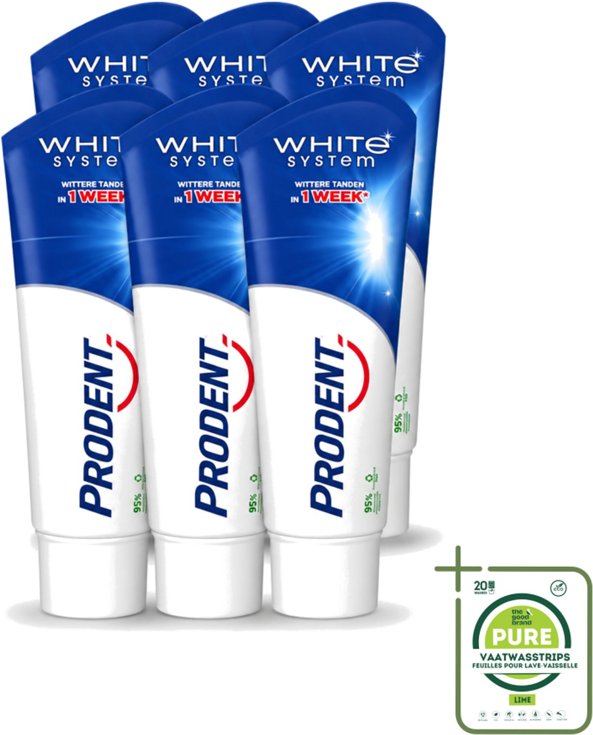 6 x Prodent – Tandpasta – White System – Natuurlijk Witmakend – 75 ml - Grootverpakking - Vaatwasstrips - Witte Tanden - Tandenpoets - Glazuur - Fluoride - Tandenborstel