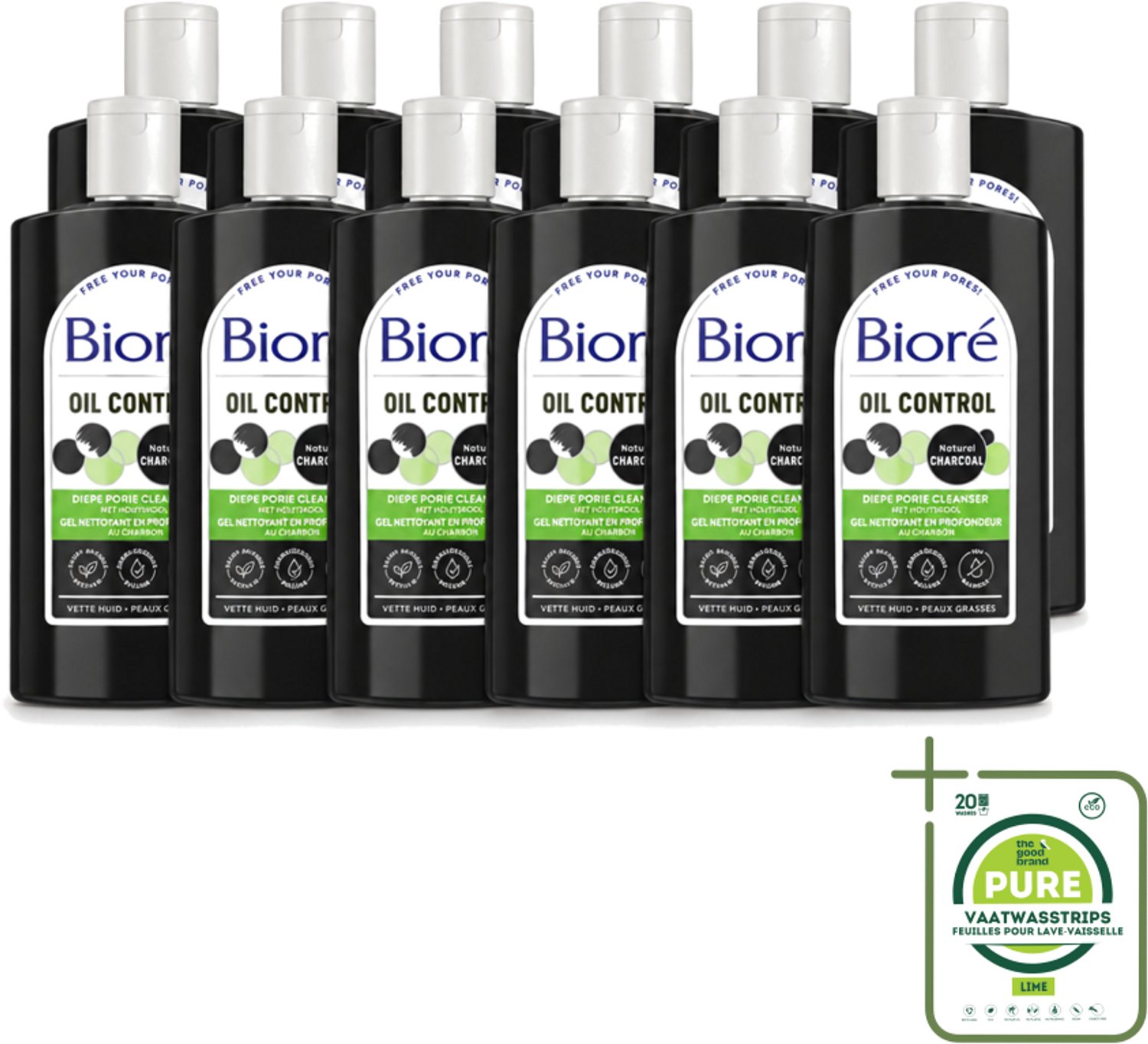 12 x Bioré – Houtskool Reinigingsgel – Gezichtsreiniger – 200 ml - Grootverpakking - Vaatwasstrips - Gezichtsreiniger - Houtskool - Diepe Reiniging - Vet Huid - Gecombineerde Huid