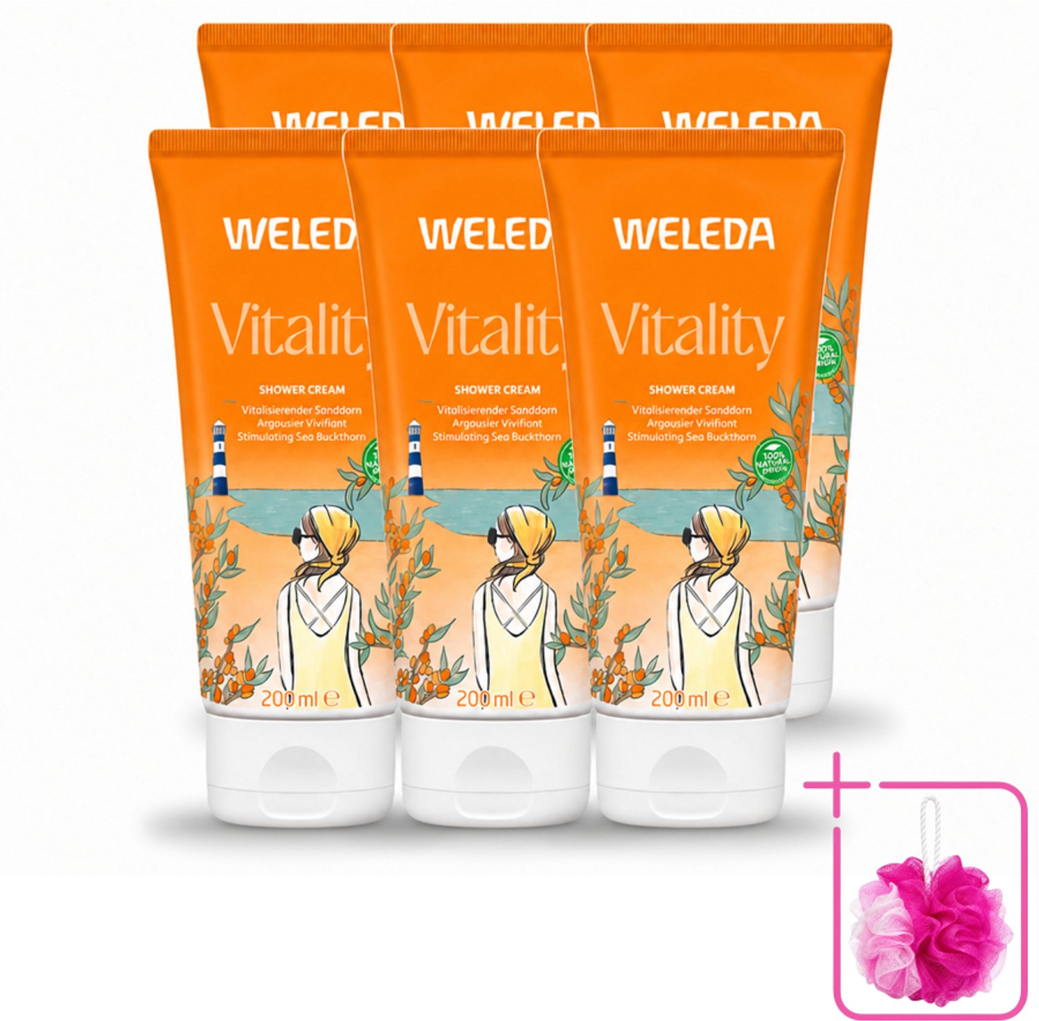 6 x WELEDA - Douchecrème Duindoorn Vitality - 200 ml - Bulkverpakking - Douchecrème - Douchemop - Natuurlijke douchecrème