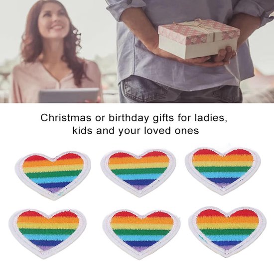 6 Stuks Regenboog Hart Patches met Zwarte Rand, Strijkbare DIY Hartvormige Geborduurde Patches voor Naaien Kleding Reparatie Tassen Hoeden Kinderen Meisjes Knutsel Decoraties (Witte Rand) — afbeelding 5
