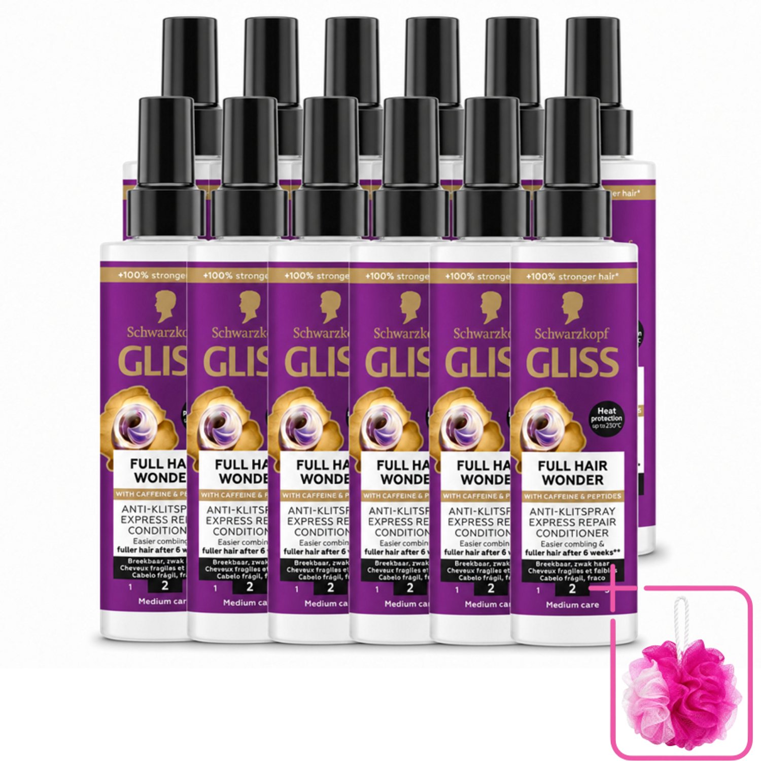 12 x Gliss - Anti-Klit Spray Full Hair Wonder - Voor Voller en Sterker Haar - 200 ml - Bulkverpakking - Haarkleur - Douchemop - Haarkleur