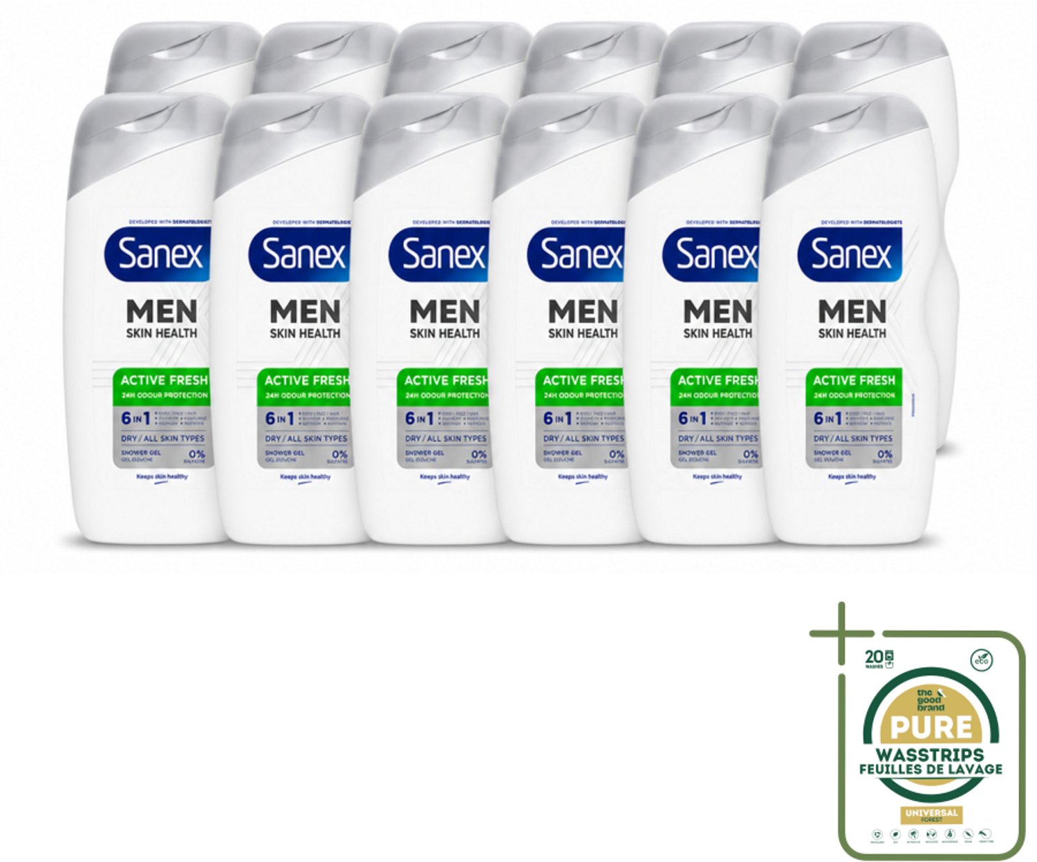 12 x Sanex – Douchegel – Men Active Fresh – 400 ml - Wasstrips - Douchegel Voor Mannen - Frisheid - Huidverzorging - 6-in-1 Douchegel - Geurcontrole