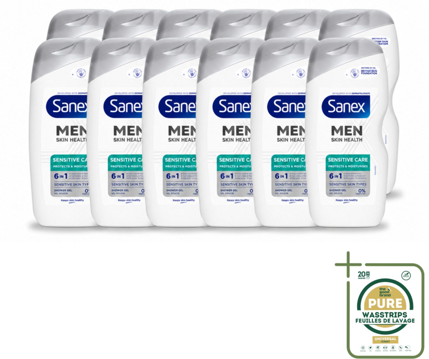 12 x Sanex – Douchegel – Men Sensitive – 400 ml - Wasstrips - Douchegel Mannen - Gevoelige Huid - Gevoelige Mannenhuid - Milde Douchegel - Gezichtsverzorging
