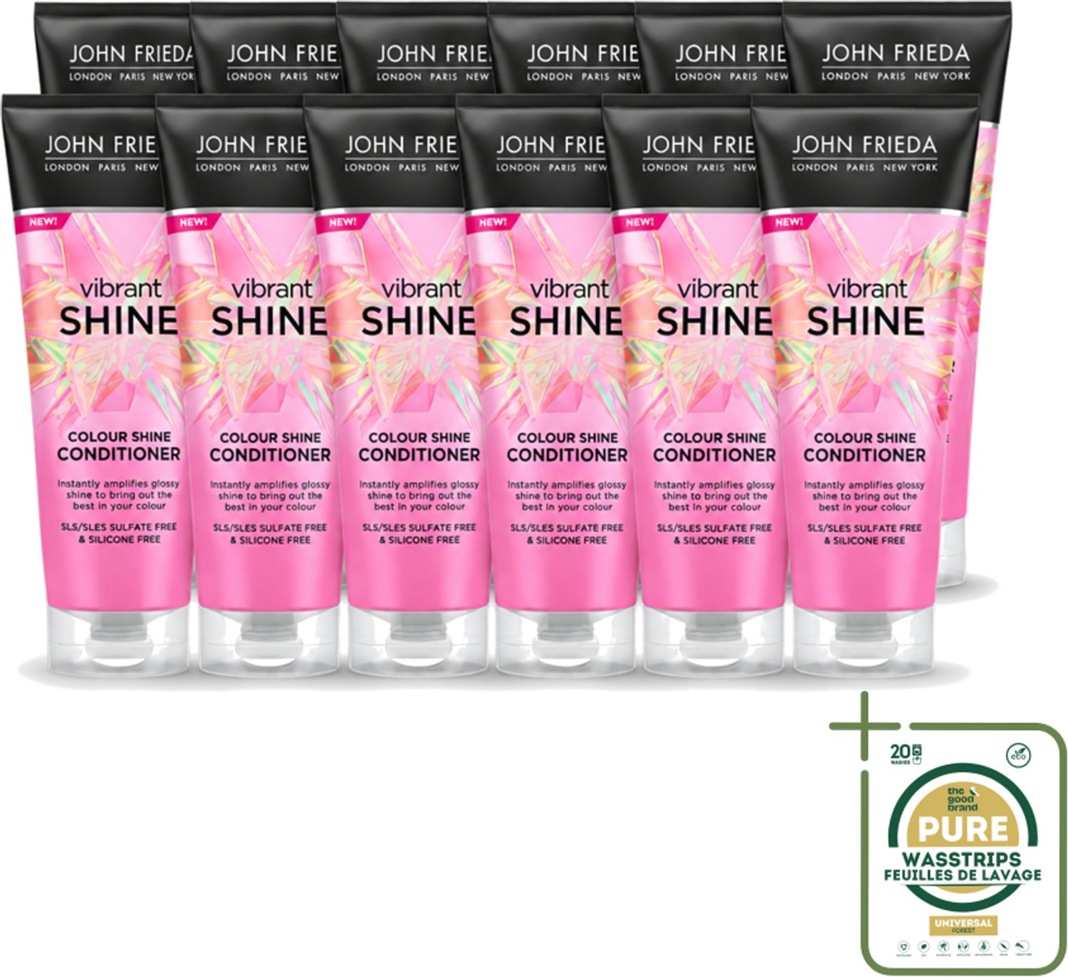 12 x John Frieda – Conditioner – Vibrant Shine Colour – Glansversterkend – 250 ml - Wasstrips - Haarverzorging - Glansversterking - Haarkleur - Haarcrème - Haarverzorging Voor Geverfd Haar