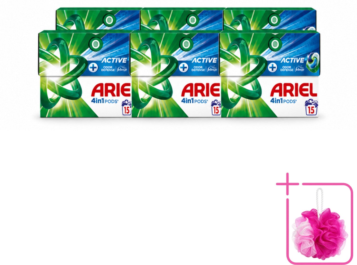 6 x Ariel - 4in1 Wasmiddel Pods - Actieve Geurbestrijding - 15 Pods - Bulkverpakking - Wasmiddel pod - Douchemop - Geurverzorging
