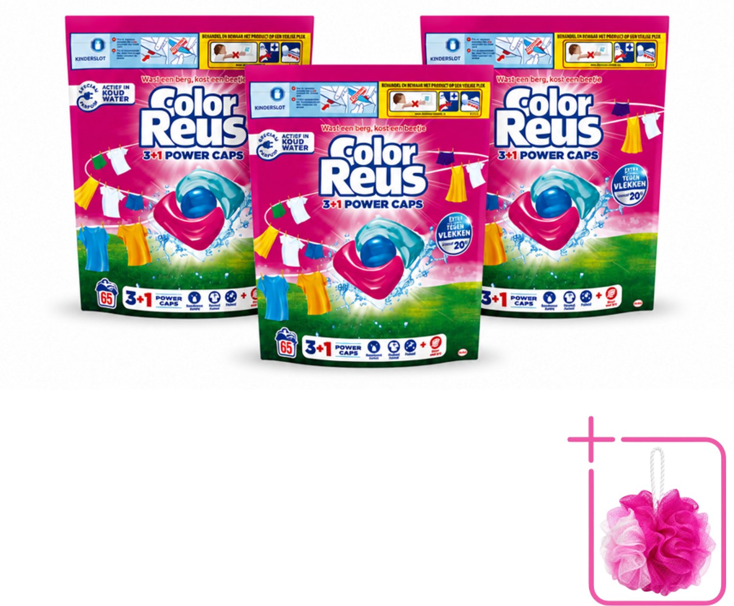 3 x Color Reus - 3+1 Power Caps - Gekleurde Was - 65 Wasbeurten - Bulkverpakking - Kleurbehoud - Douchemop - Wasresultaten