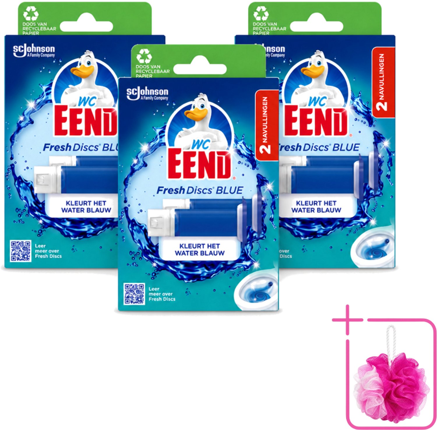 3 x WC Eend - Fresh Discs Coloring Blue - Duo Navulling - Kleurt Water Blauw & Verfrist - 72 ml - Bulkverpakking - Toiletgel - Douchemop - Toiletverzorging