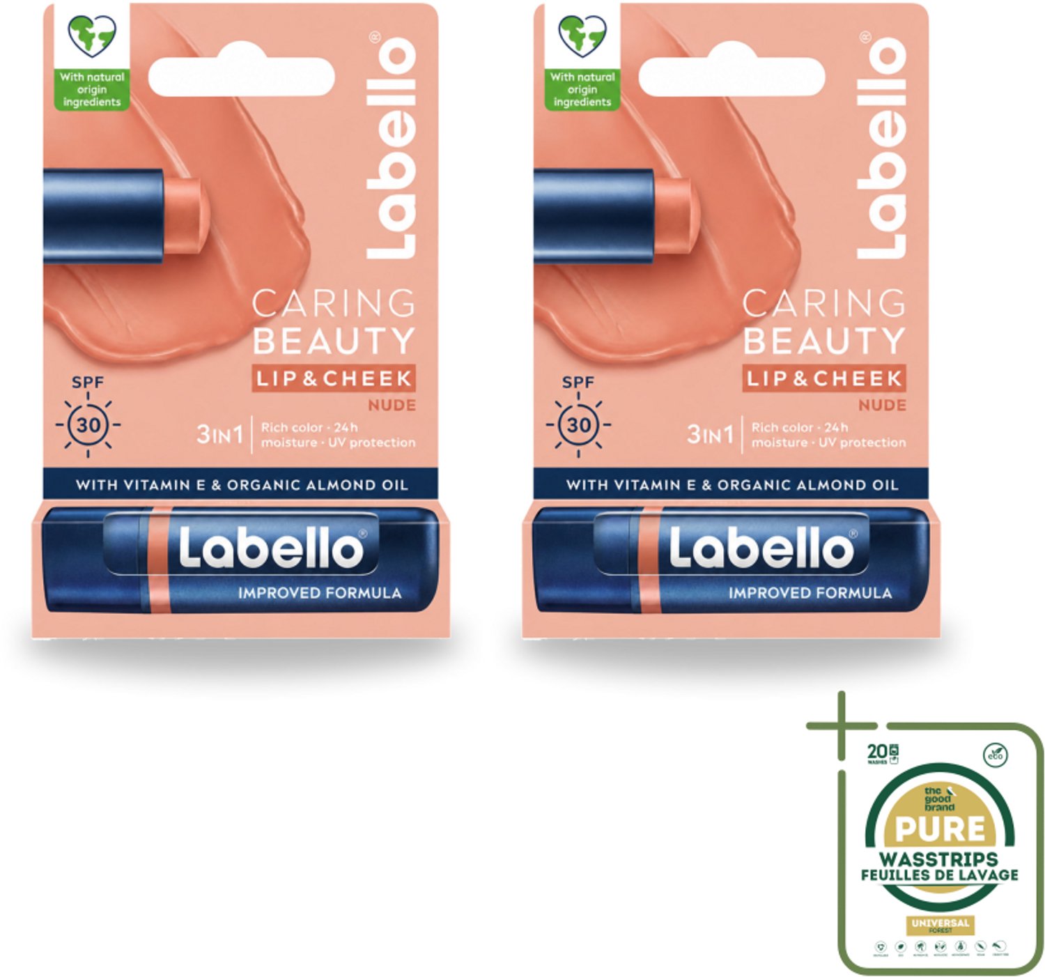 2 x Labello – CLippenbalsem – aring Beauty Nude – 6 ml - Wasstrips - Lippenbalsem - Verzorging - Rode Lippen - Natuurlijke Ingrediënten - Hydraatatie