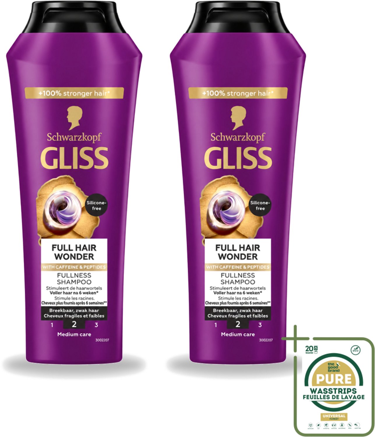 2 x Gliss Shampoo Full Hair Wonder - 250 ml - Wasstrips - Haarversterkend Shampoo - Volume Shampoo - Fijn Haar Shampoo - Dun Haar Shampoo - Biotine Shampoo