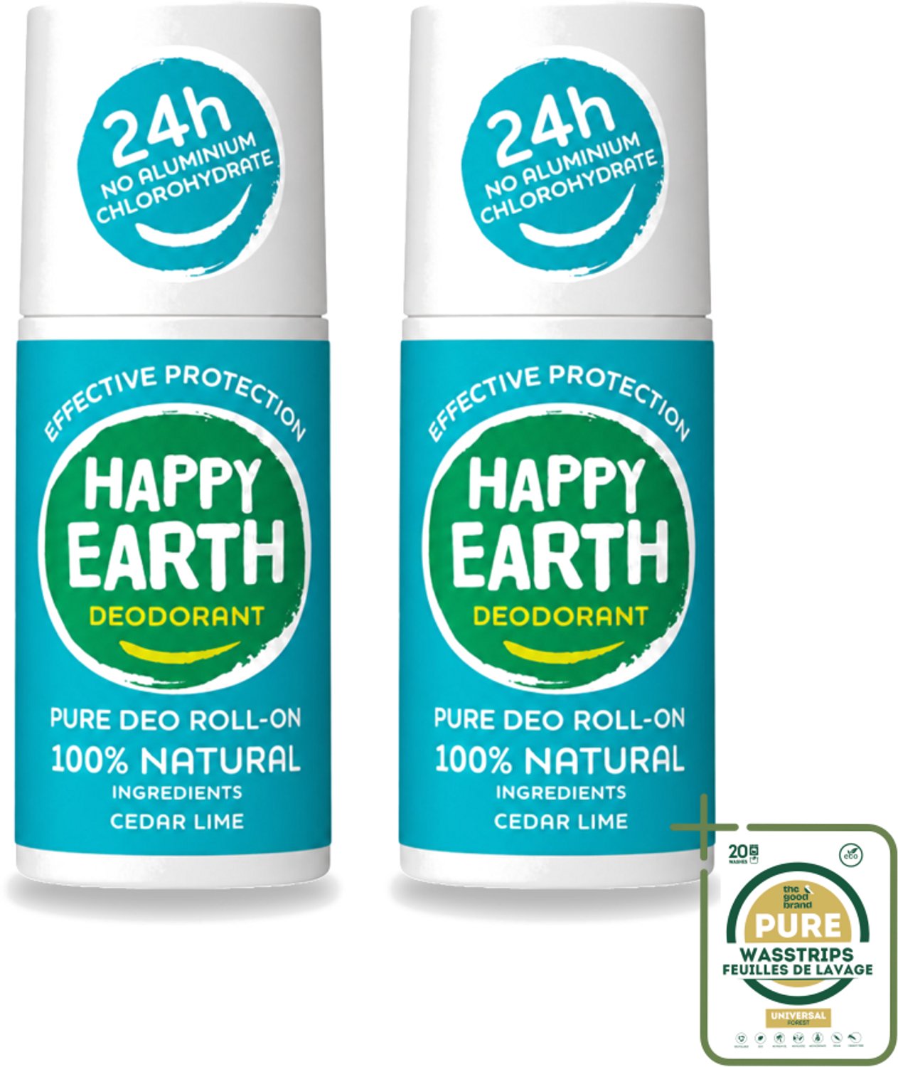 2 x Happy Earth – Deodorant Roll-On – 100% Natuurlijk Cedar Lime – 75 ml - Wasstrips - Natuurlijke Deodorant - Cedar Lime - Roll-on Deodorant - Geur Ceder En Limoen - Gevoelige Huid