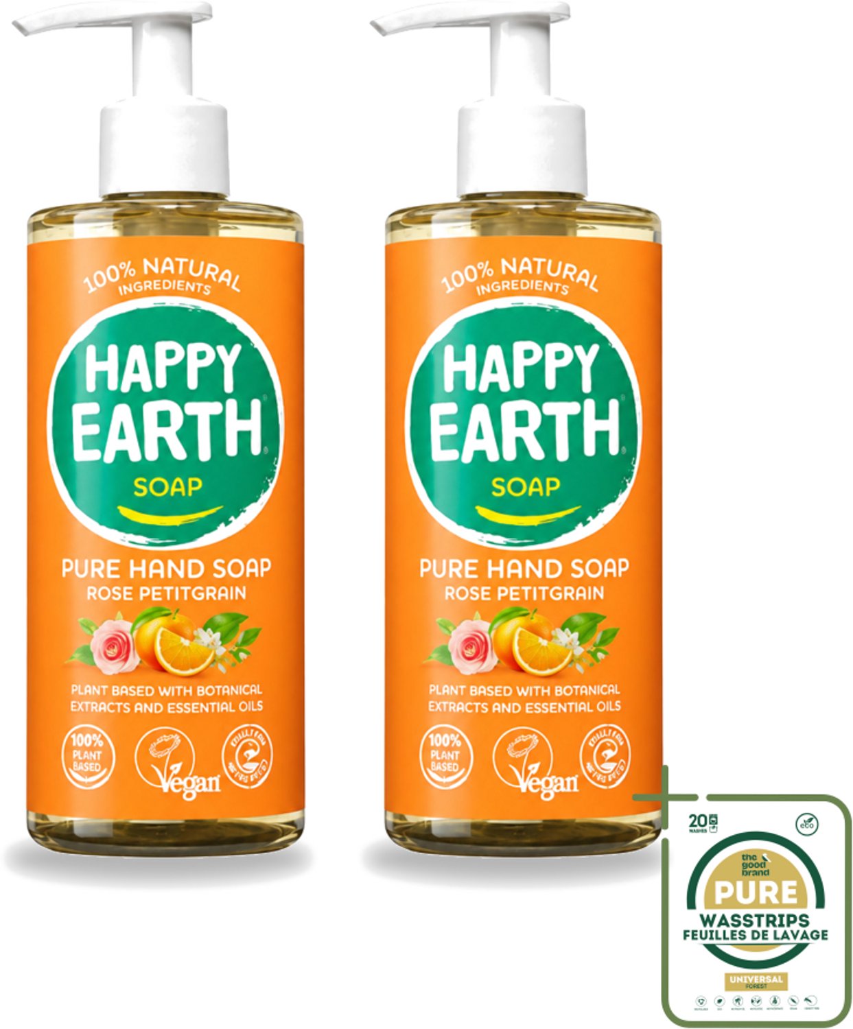 2 x Happy Earth – Handzeep – 100% Natuurlijk Rose Petitgrain – 300 ml - Wasstrips - Handzeep - Natuurlijke Handzeep - Vegan Handzeep - Rose Petitgrain - Bloemige Geur