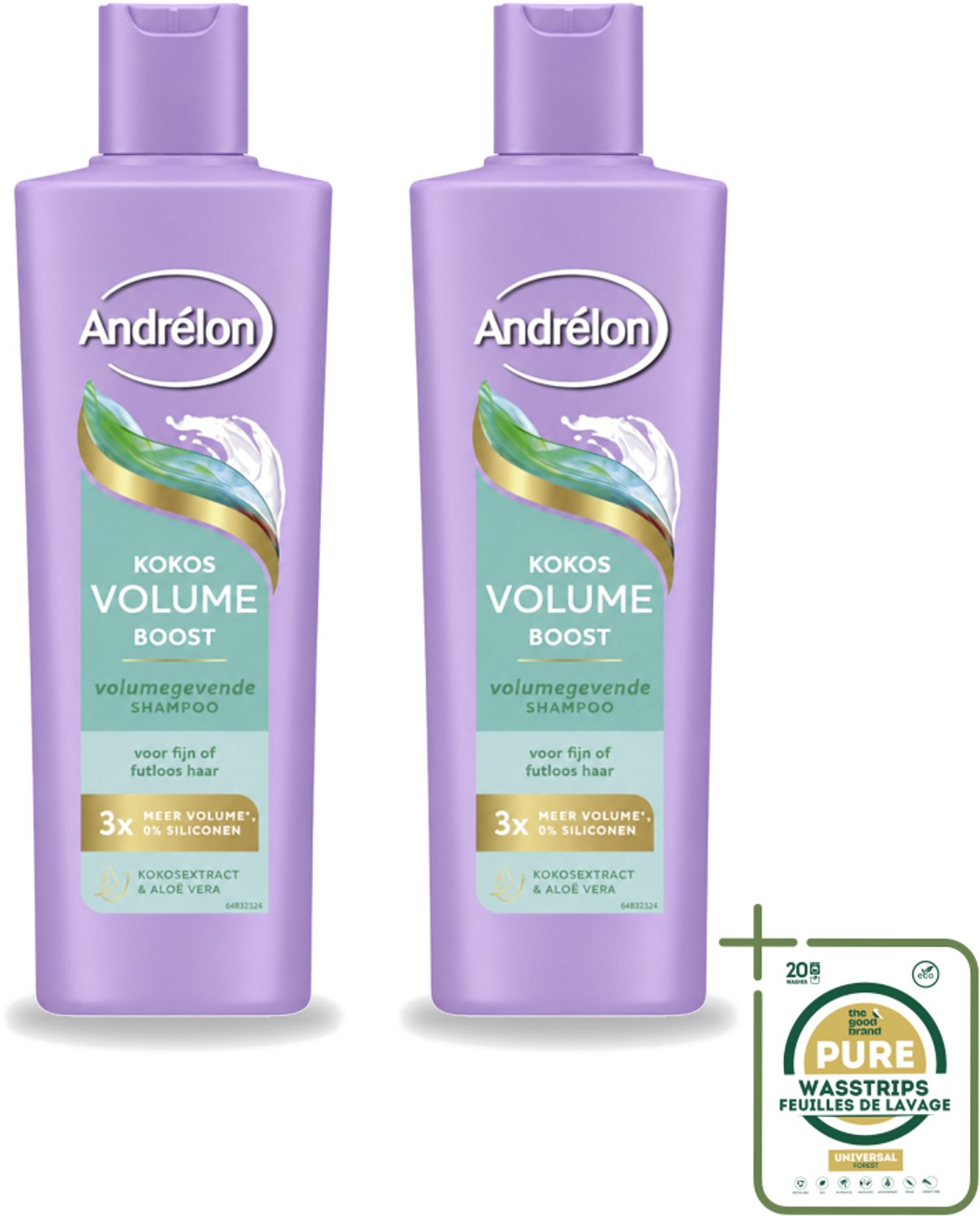 2 x Andrélon – Shampoo – Volume Boost – 250 ml - Wasstrips - Haar Volume - Volume Shampoo - Kokos Shampoo - Aloë Vera Shampoo - Fijn Haar