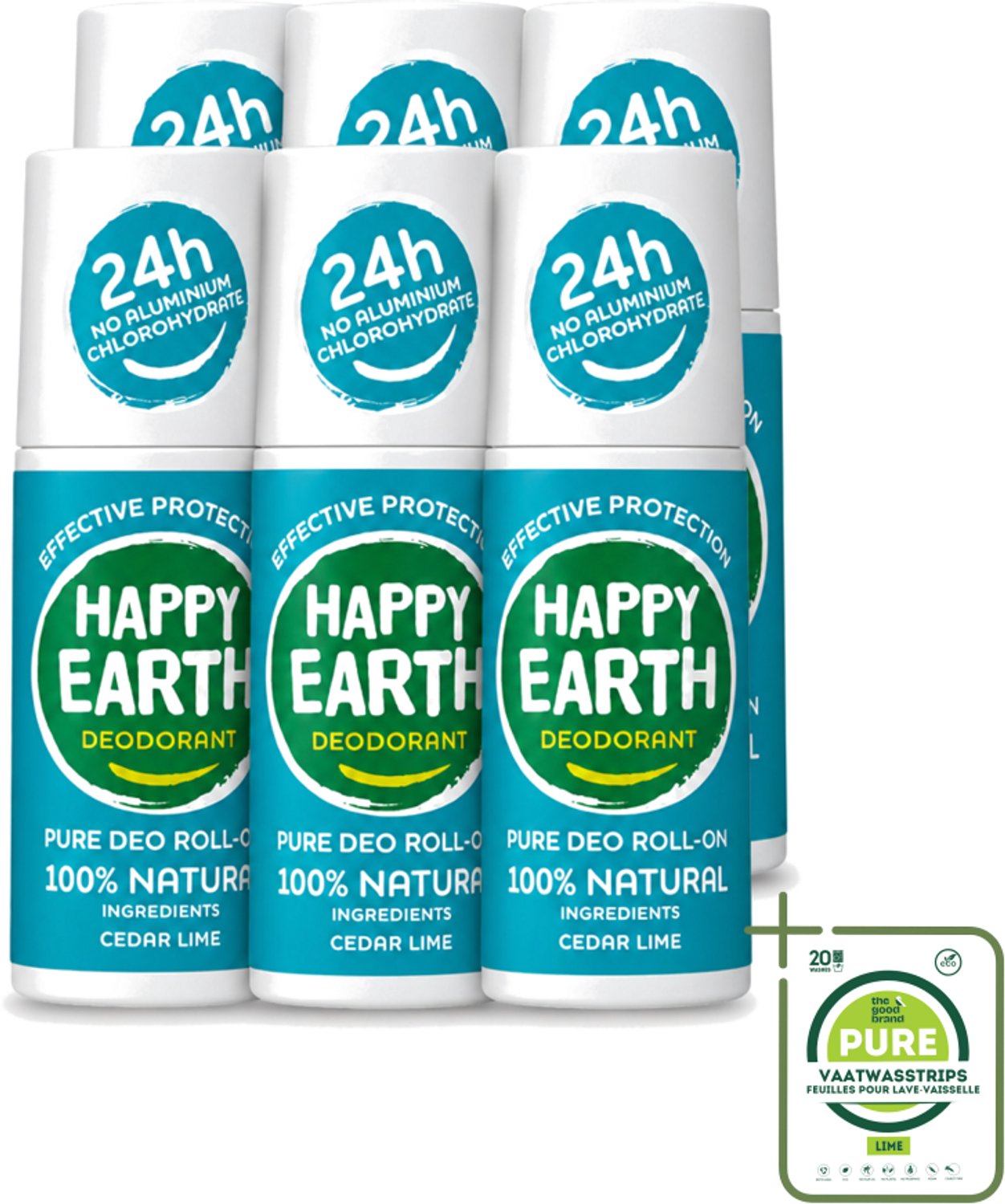 6 x Happy Earth – Deodorant Roll-On – 100% Natuurlijk Cedar Lime – 75 ml - Grootverpakking - Deodorant - Natuurlijke Deodorant - Cederhout En Limoen - Fris - Huidvriendelijk