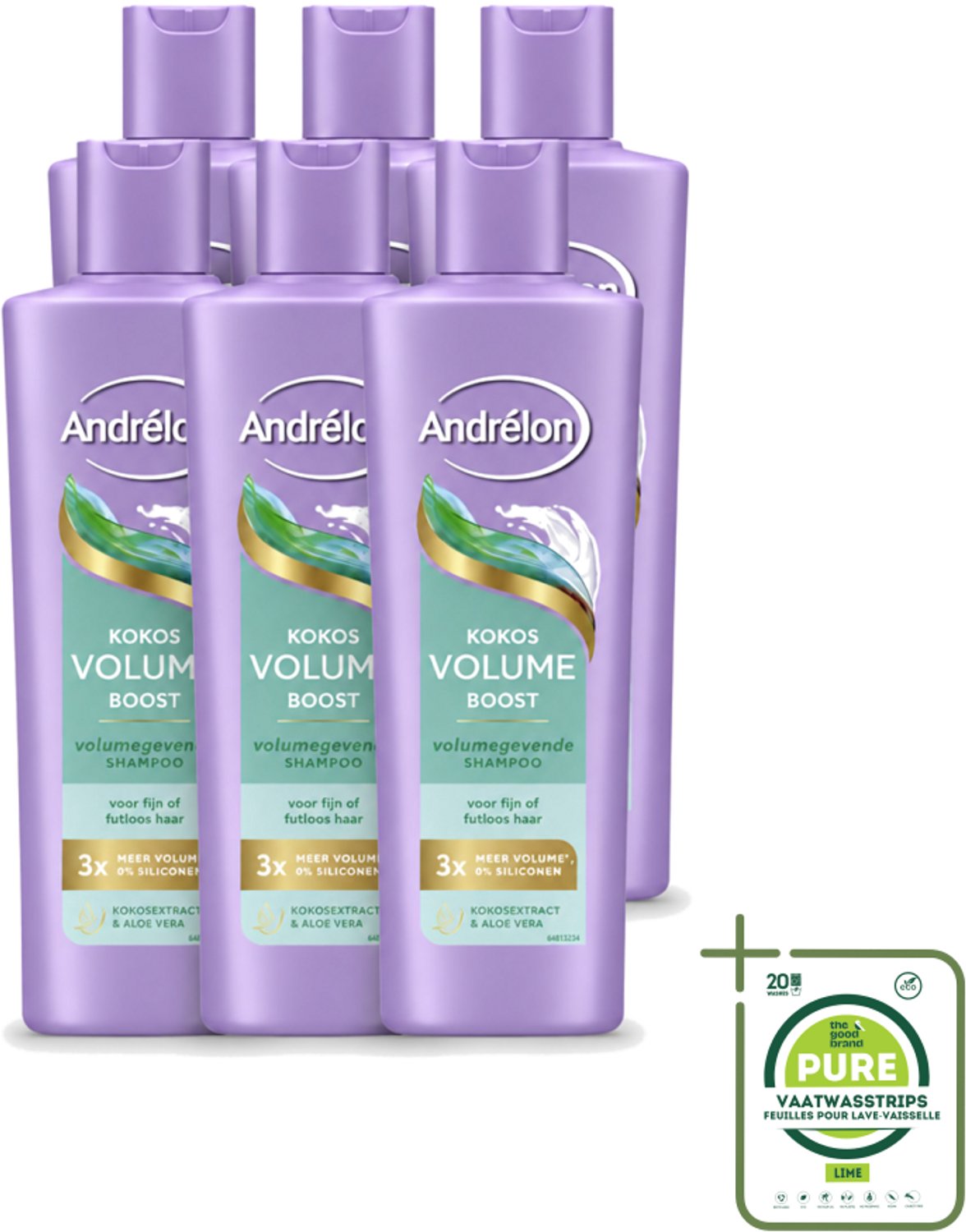 6 x Andrélon – Shampoo – Volume Boost – 250 ml - Grootverpakking - Vaatwasstrips - Haar Volume - Kokos Shampoo - Volume Boost - Fijn Haar - Futloos Haar