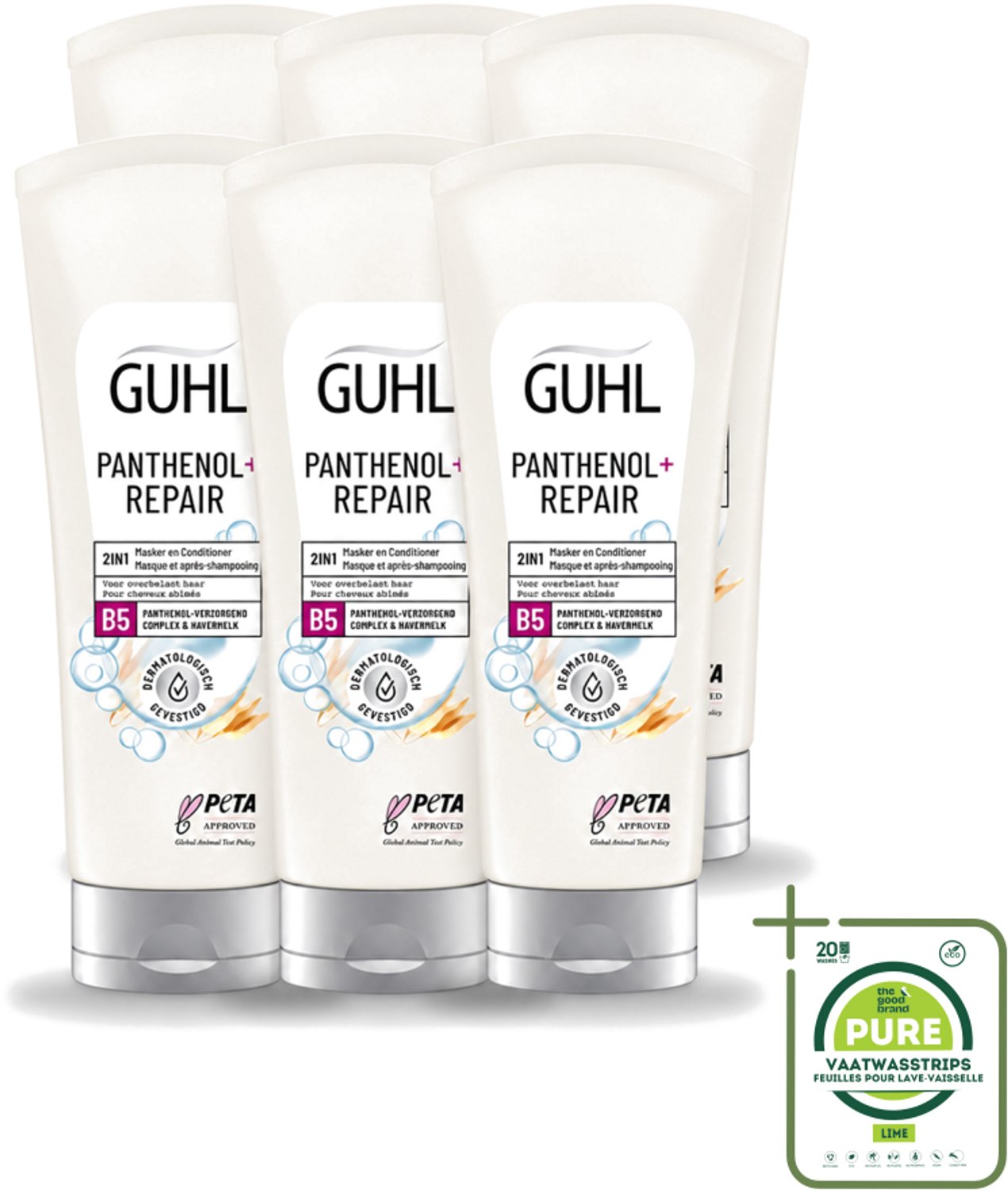 6 x Guhl – 2-in-1 Masker & Conditioner – Panthenol+Repair – 200 ml - Grootverpakking - Vaatwasstrips - Haarmasker - Conditioner - Panthenol - Haarverzorging - Haarherstel