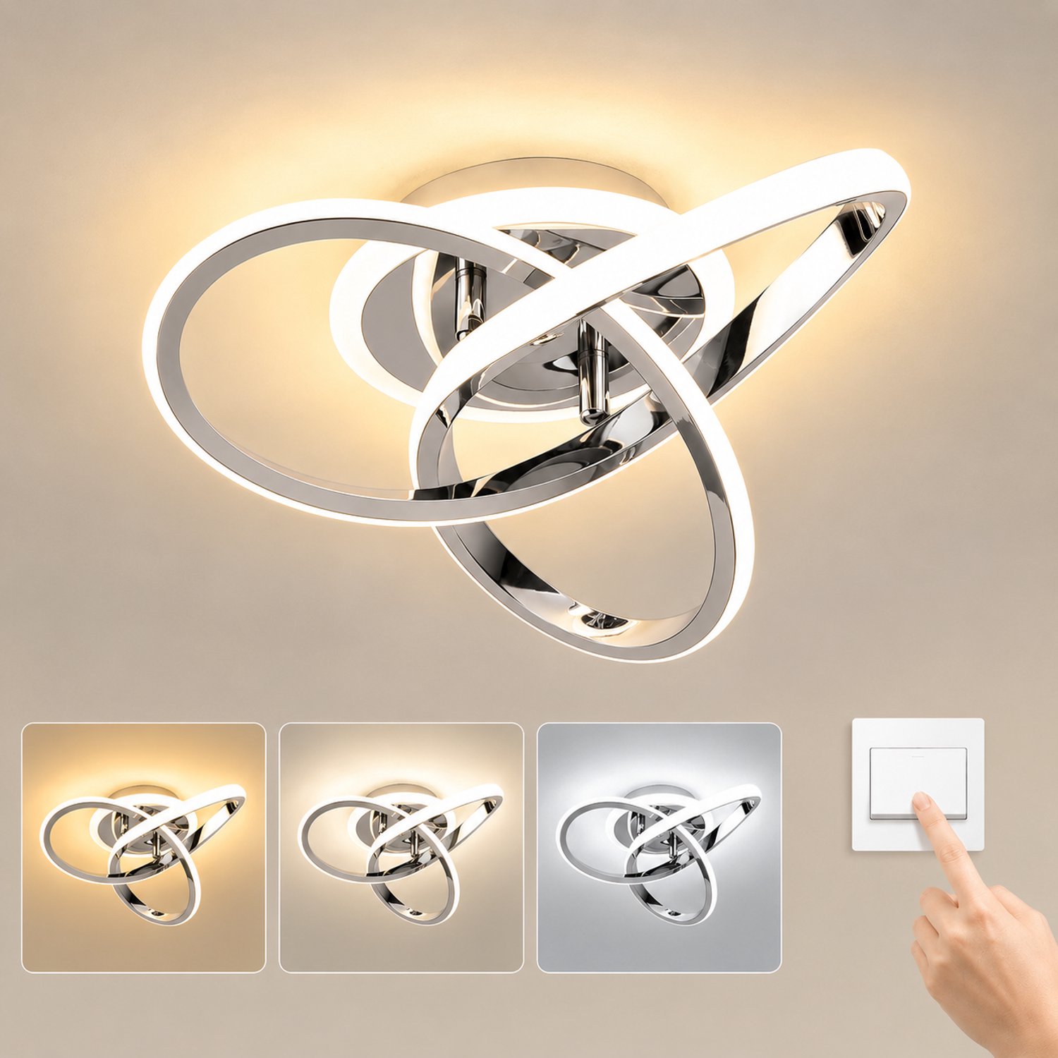 Lemlit LED Plafondlamp met Ringen 21W - Moderne Plafondverlichting met 3 Kleurtemperaturen - 2100 Lm met Geheugenfunctie - voor Woonkamer Slaapkamer Keuken en Hal - Zilver