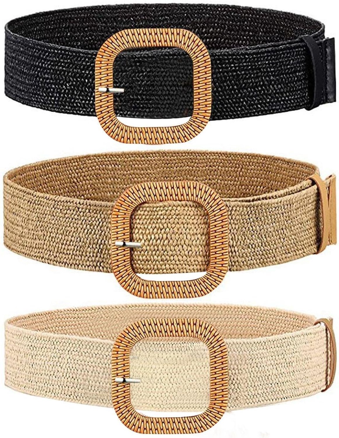 3 Piece Straw Wide Belt, Cotton And Linen Square Buckle Braided Belt, Ladies Braided Elastic Belt, Suitable For - ShopVlot