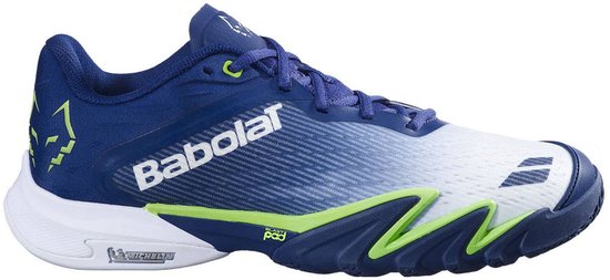 Babolat tennisschoen in blauw en wit met Michelin-zool en neon-groene accenten op de zijkant.