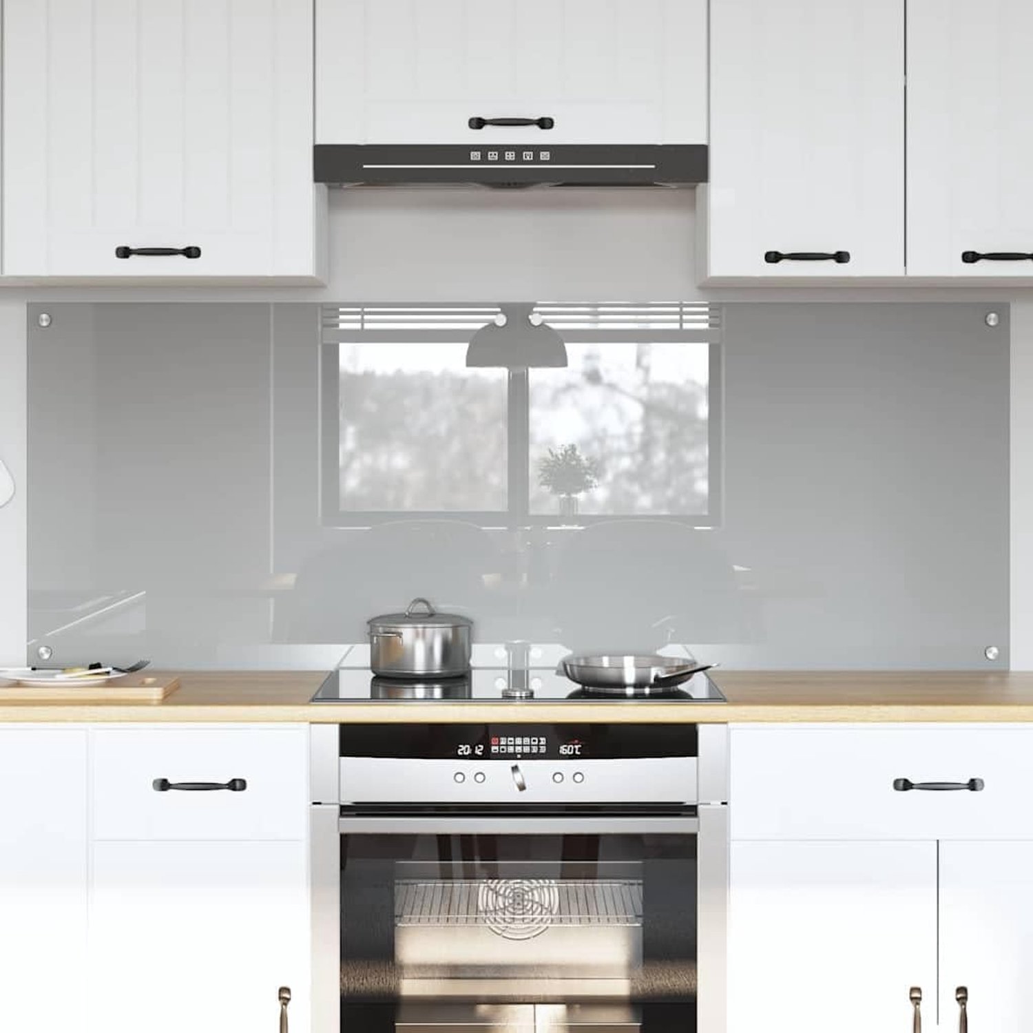 Keukenachterwand, set van 2, 80 x 60 cm, van gehard glas, lichtgrijs, spatbescherming voor keukenmuren
