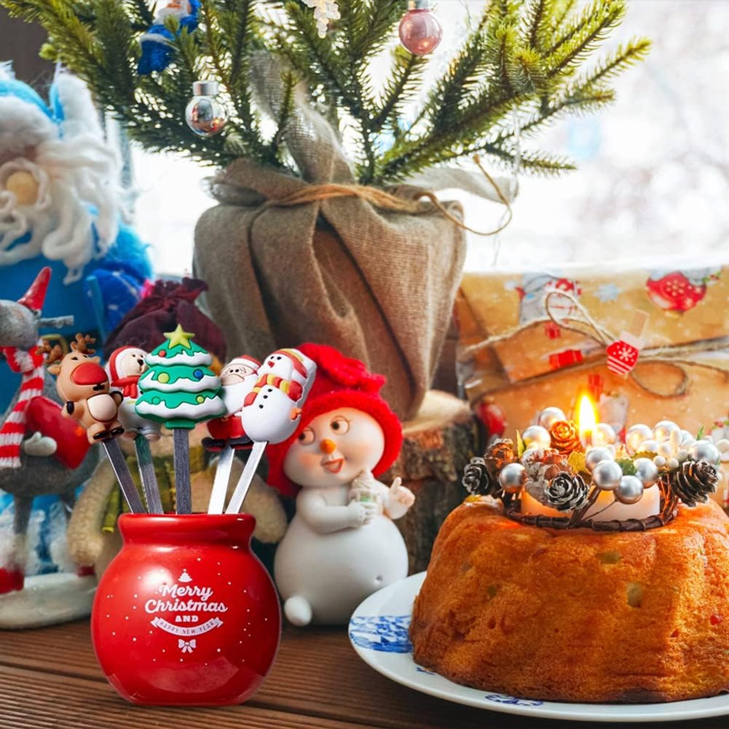 Kerst-fruitvorkset van siliconen, roestvrij staal, kerstman, eland, sneeuwpop, saladevorken met keramische bekerhouder voor eten, zilver